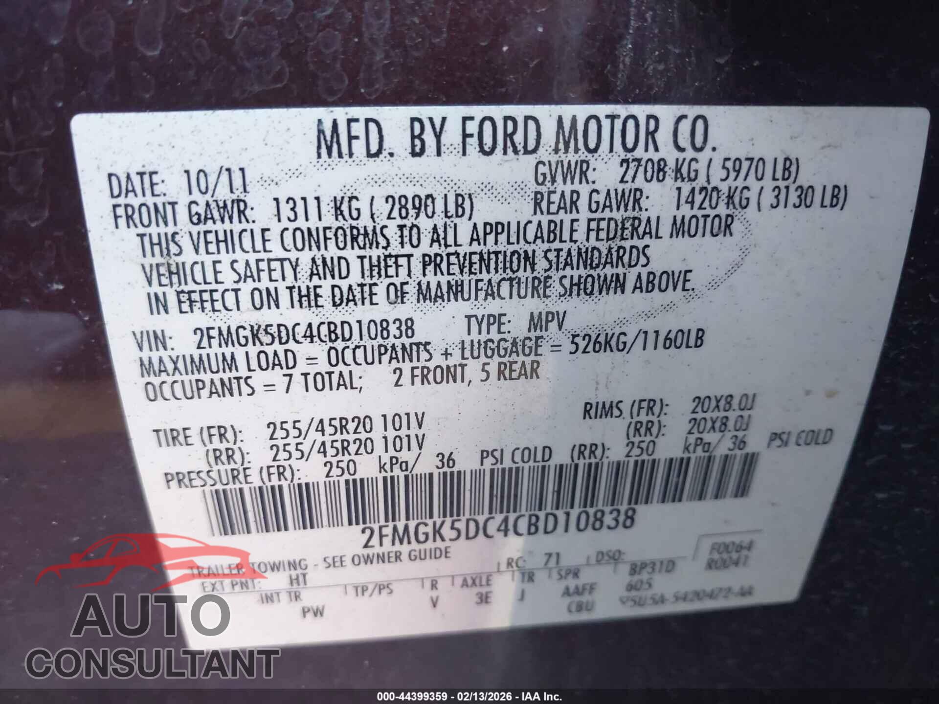 FORD FLEX 2012 - 2FMGK5DC4CBD10838