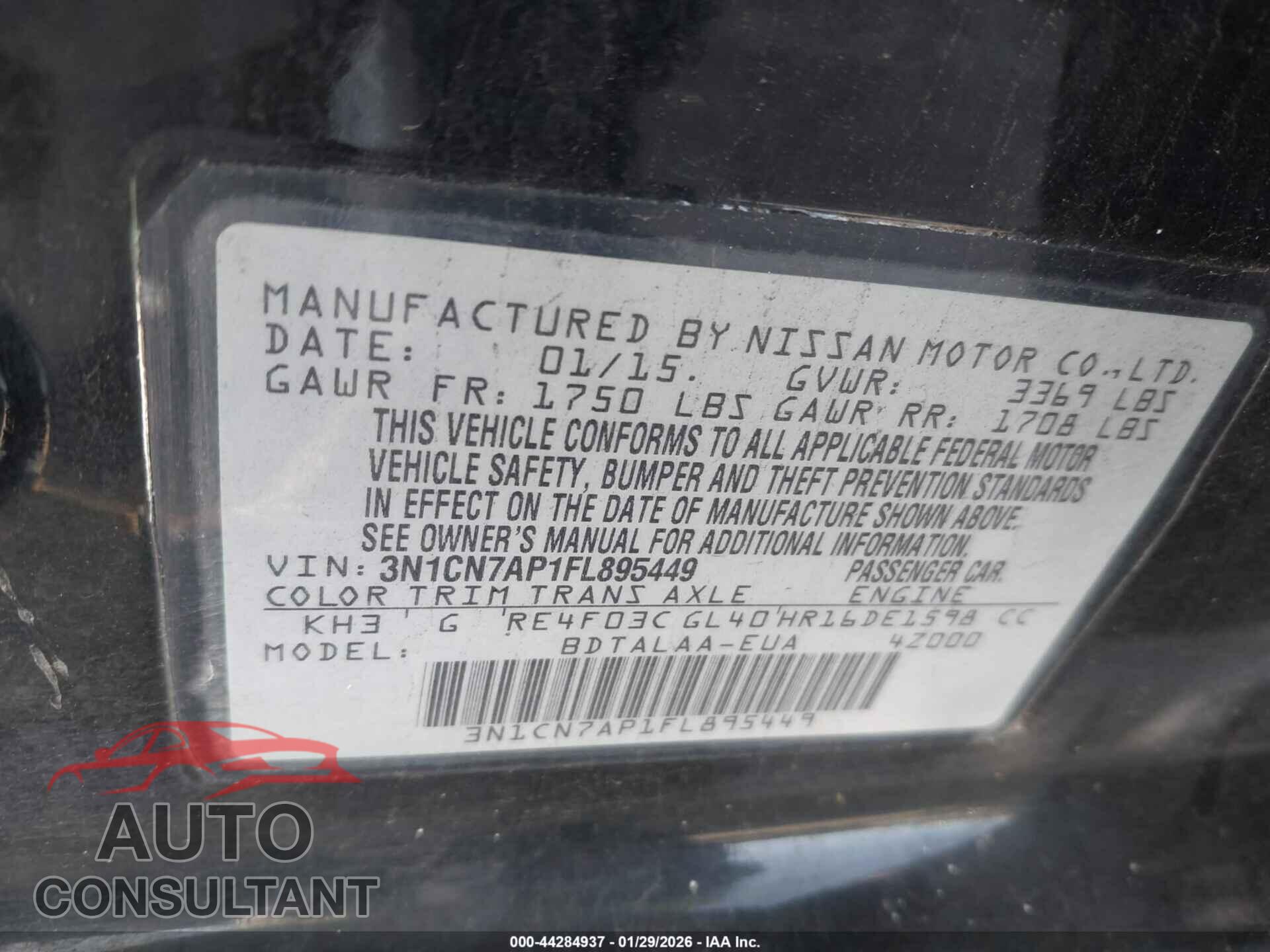 NISSAN VERSA 2015 - 3N1CN7AP1FL895449