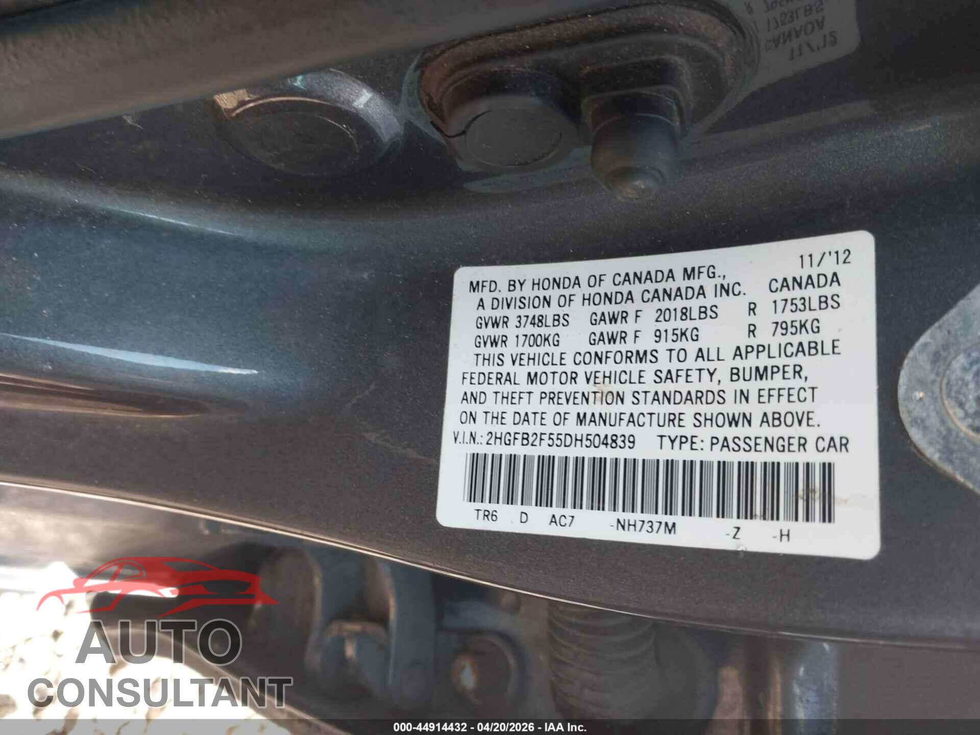 HONDA CIVIC 2013 - 2HGFB2F55DH504839