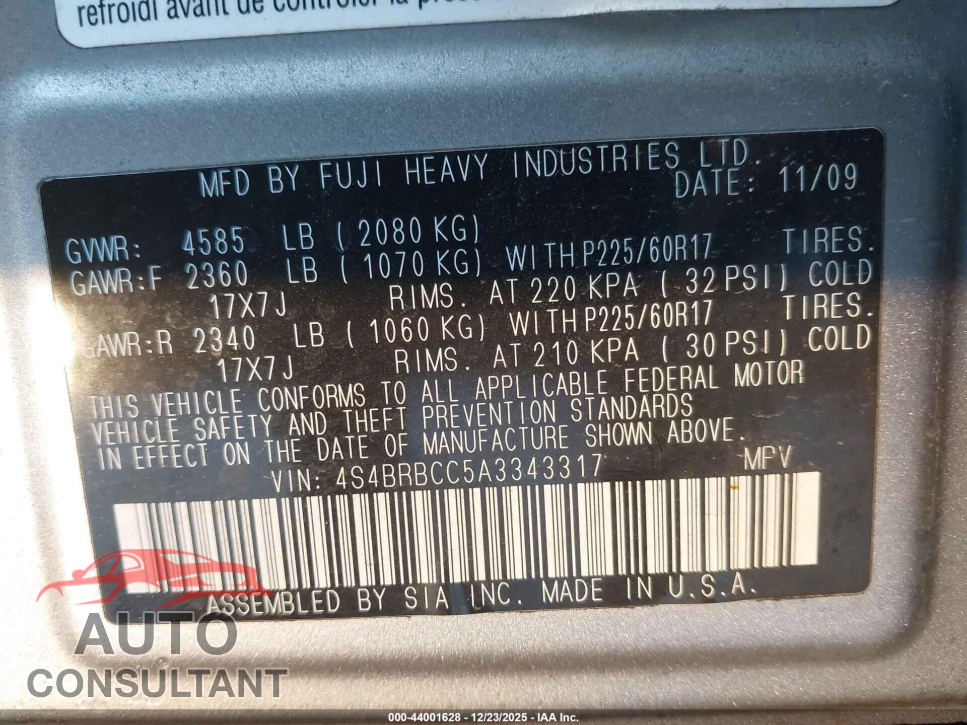 SUBARU OUTBACK 2010 - 4S4BRBCC5A3343317