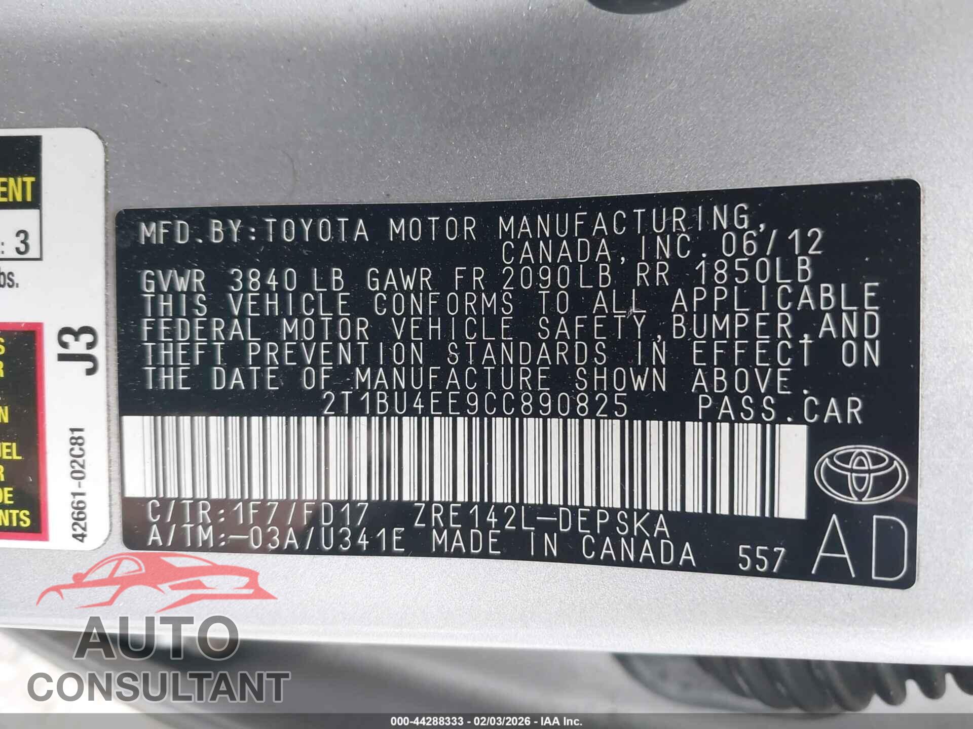 TOYOTA COROLLA 2012 - 2T1BU4EE9CC890825