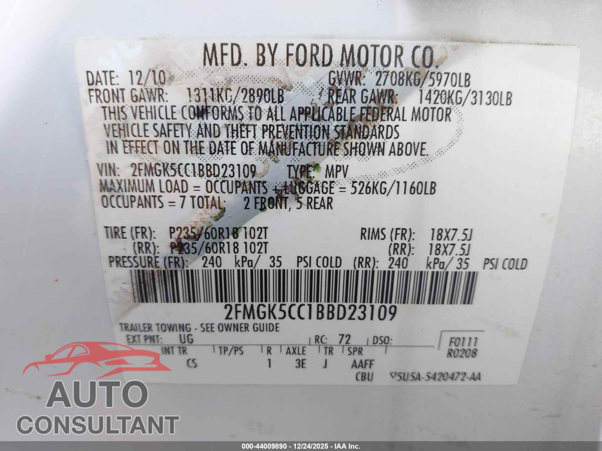 FORD FLEX 2011 - 2FMGK5CC1BBD23109