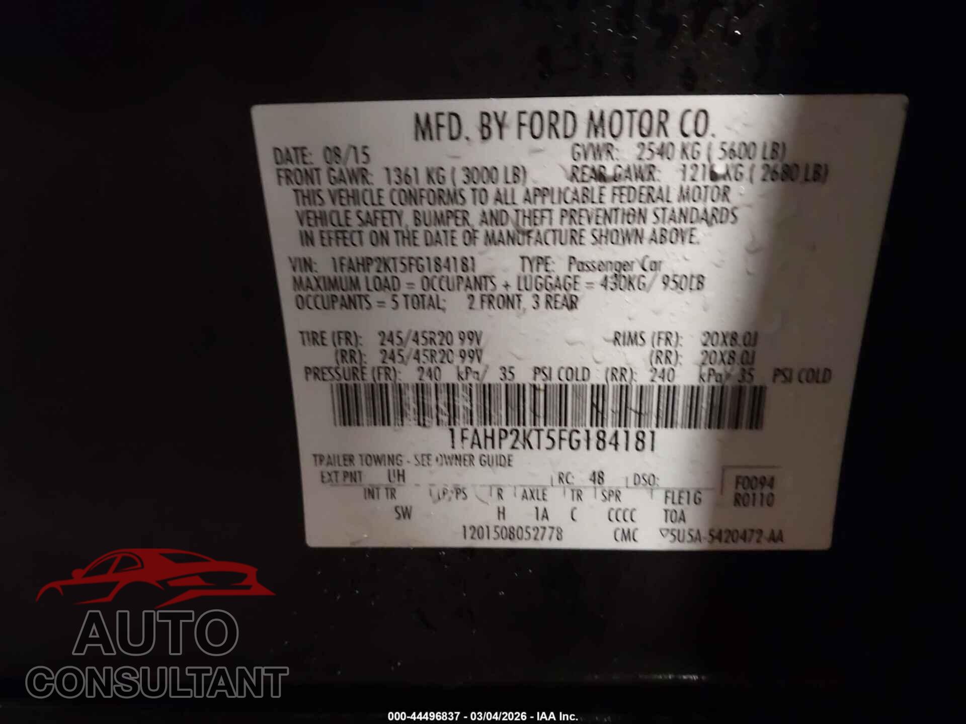 FORD TAURUS 2015 - 1FAHP2KT5FG184181