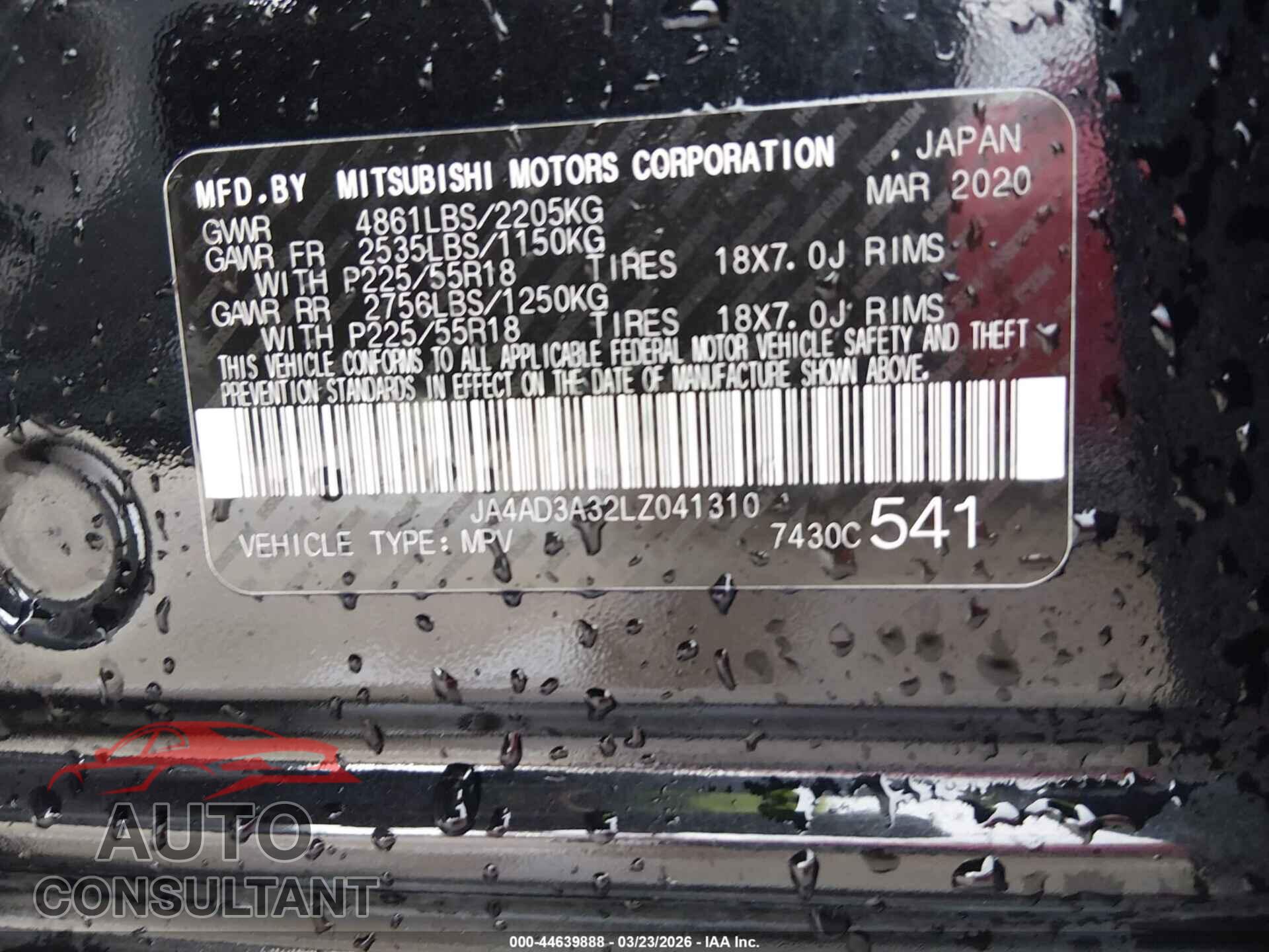 MITSUBISHI OUTLANDER 2020 - JA4AD3A32LZ041310