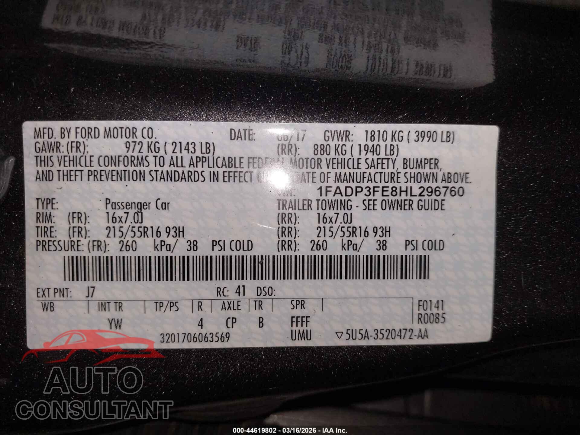 FORD FOCUS 2017 - 1FADP3FE8HL296760