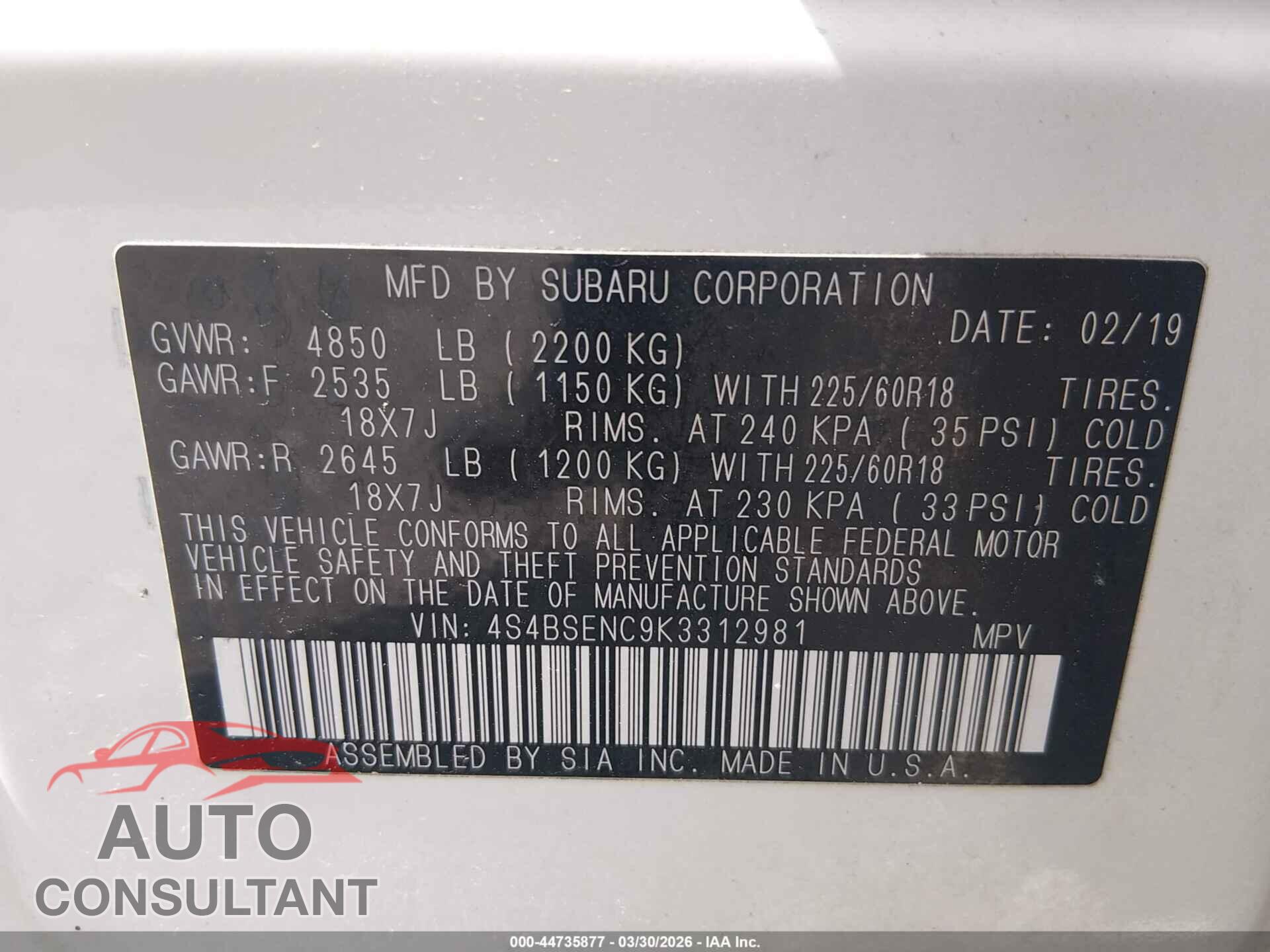 SUBARU OUTBACK 2019 - 4S4BSENC9K3312981