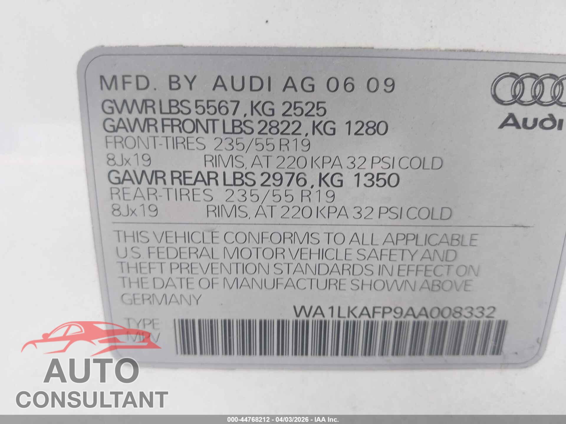AUDI Q5 2010 - WA1LKAFP9AA008332