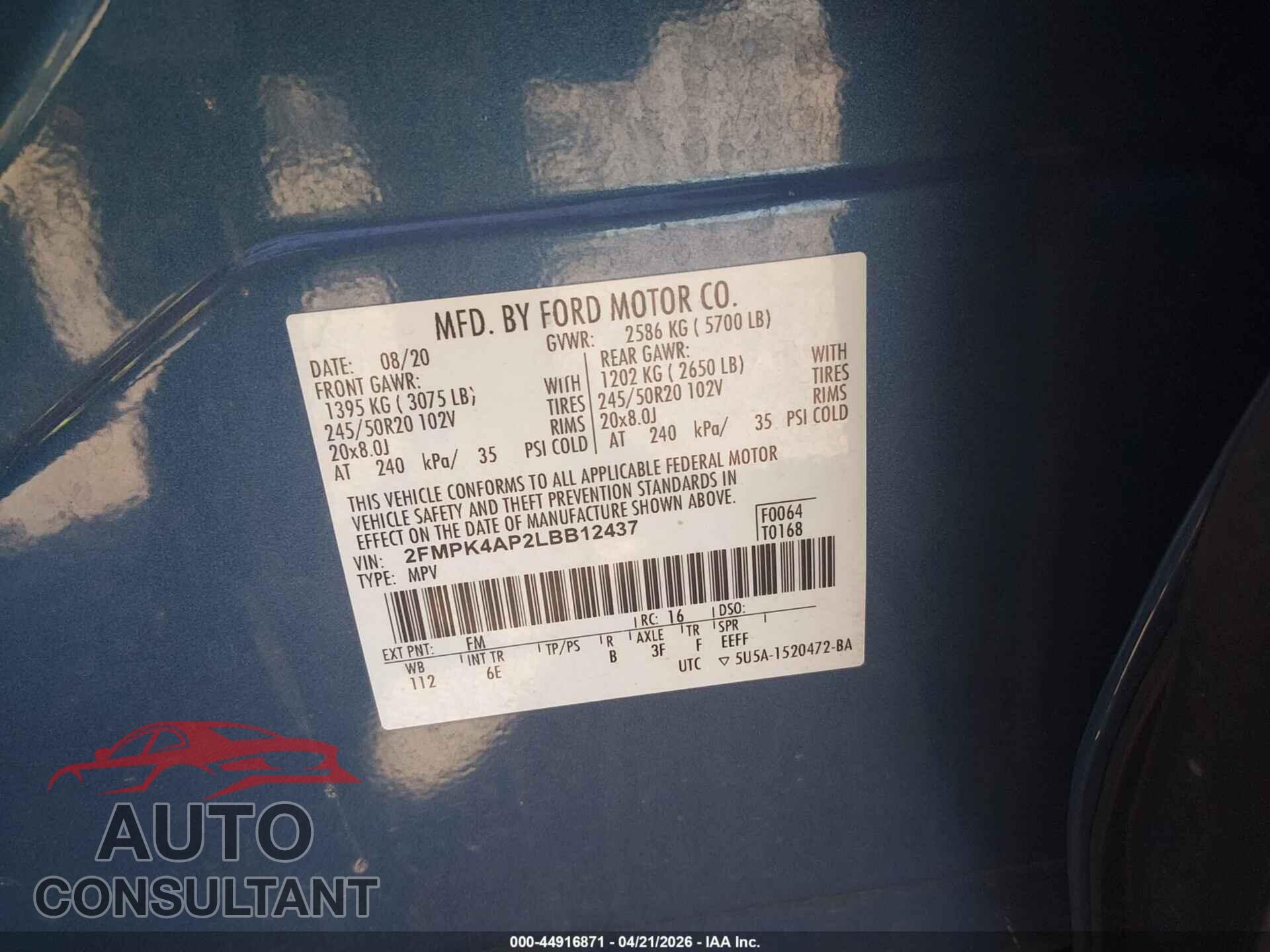 FORD EDGE 2020 - 2FMPK4AP2LBB12437