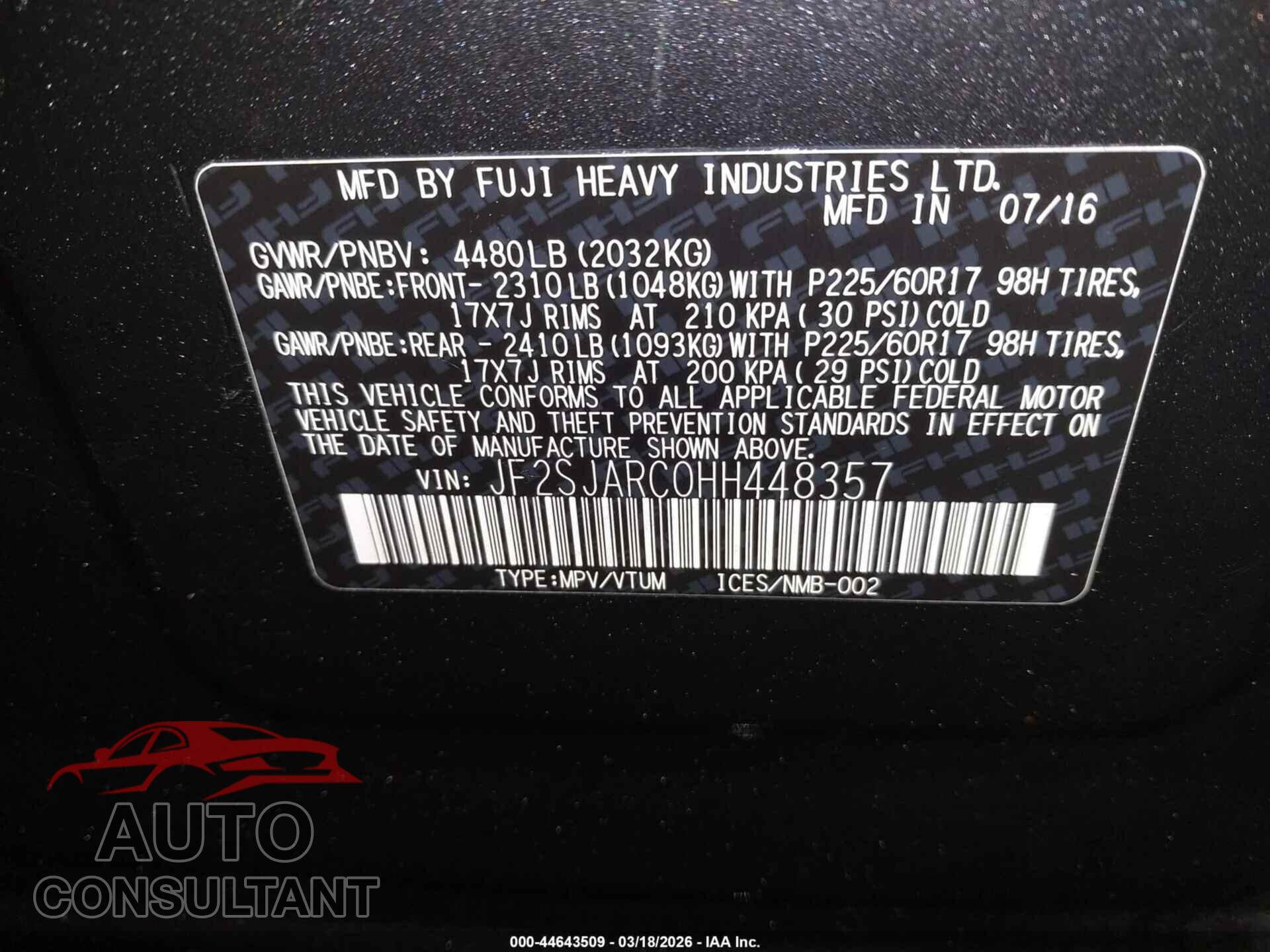 SUBARU FORESTER 2017 - JF2SJARC0HH448357