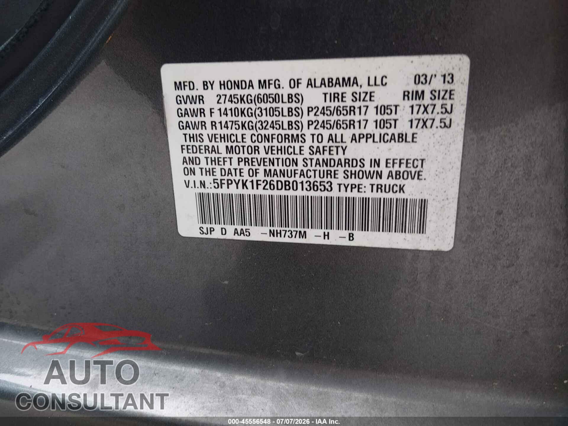 HONDA RIDGELINE 2013 - 5FPYK1F26DB013653