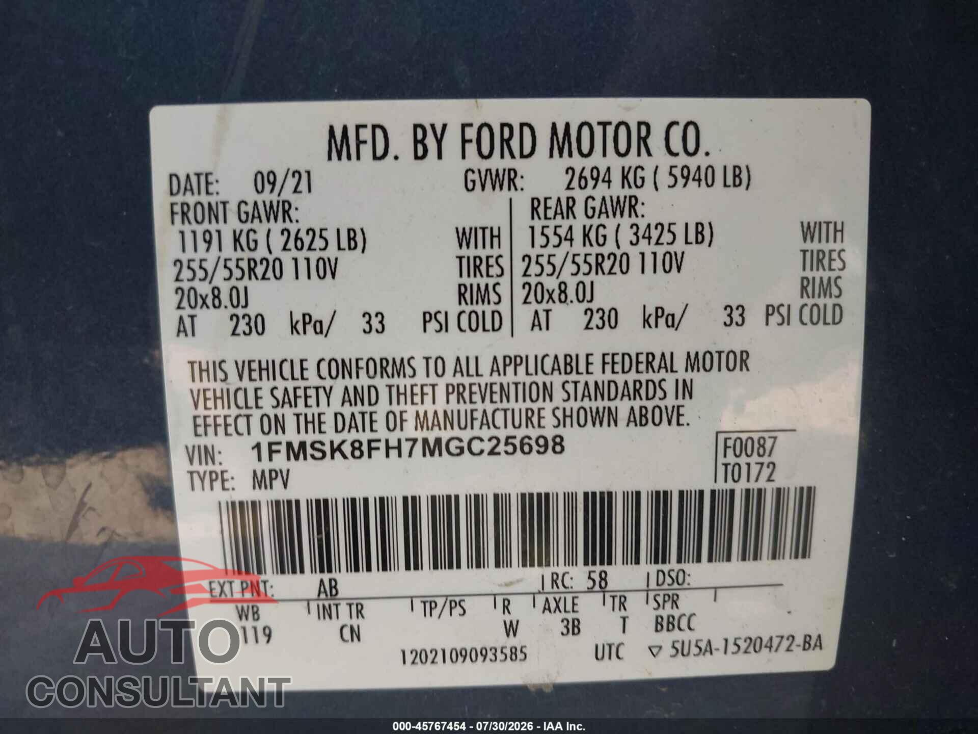 FORD EXPLORER 2021 - 1FMSK8FH7MGC25698