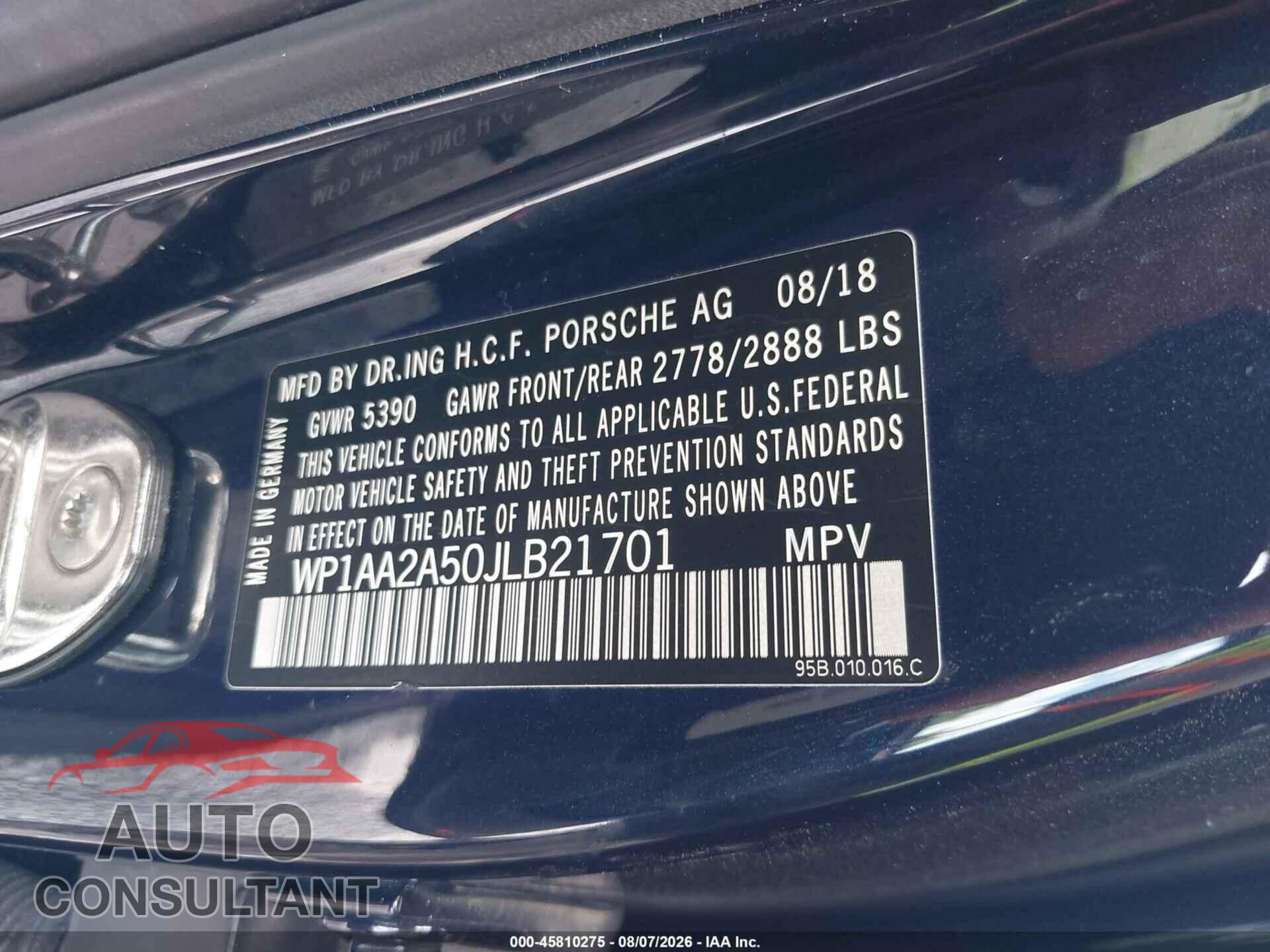 PORSCHE MACAN 2018 - WP1AA2A50JLB21701