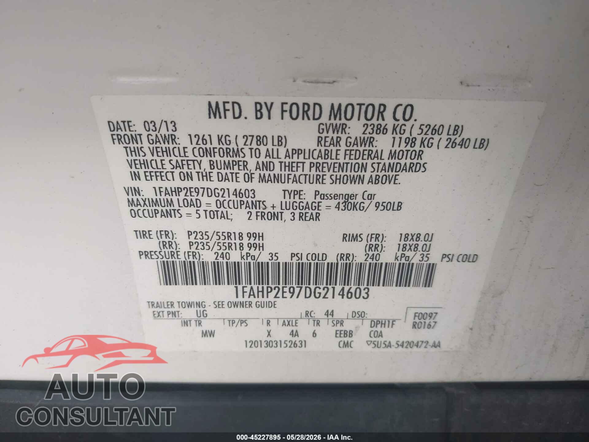 FORD TAURUS 2013 - 1FAHP2E97DG214603