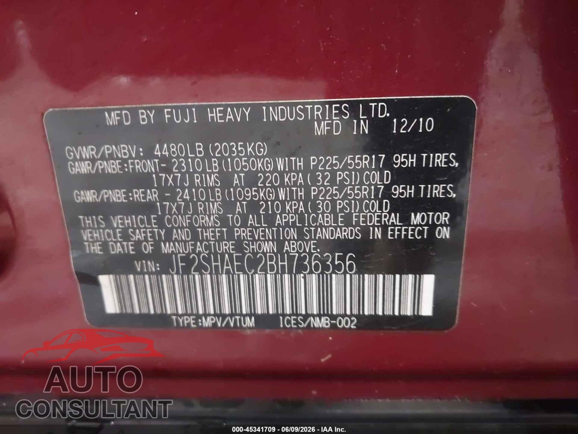 SUBARU FORESTER 2011 - JF2SHAEC2BH736356