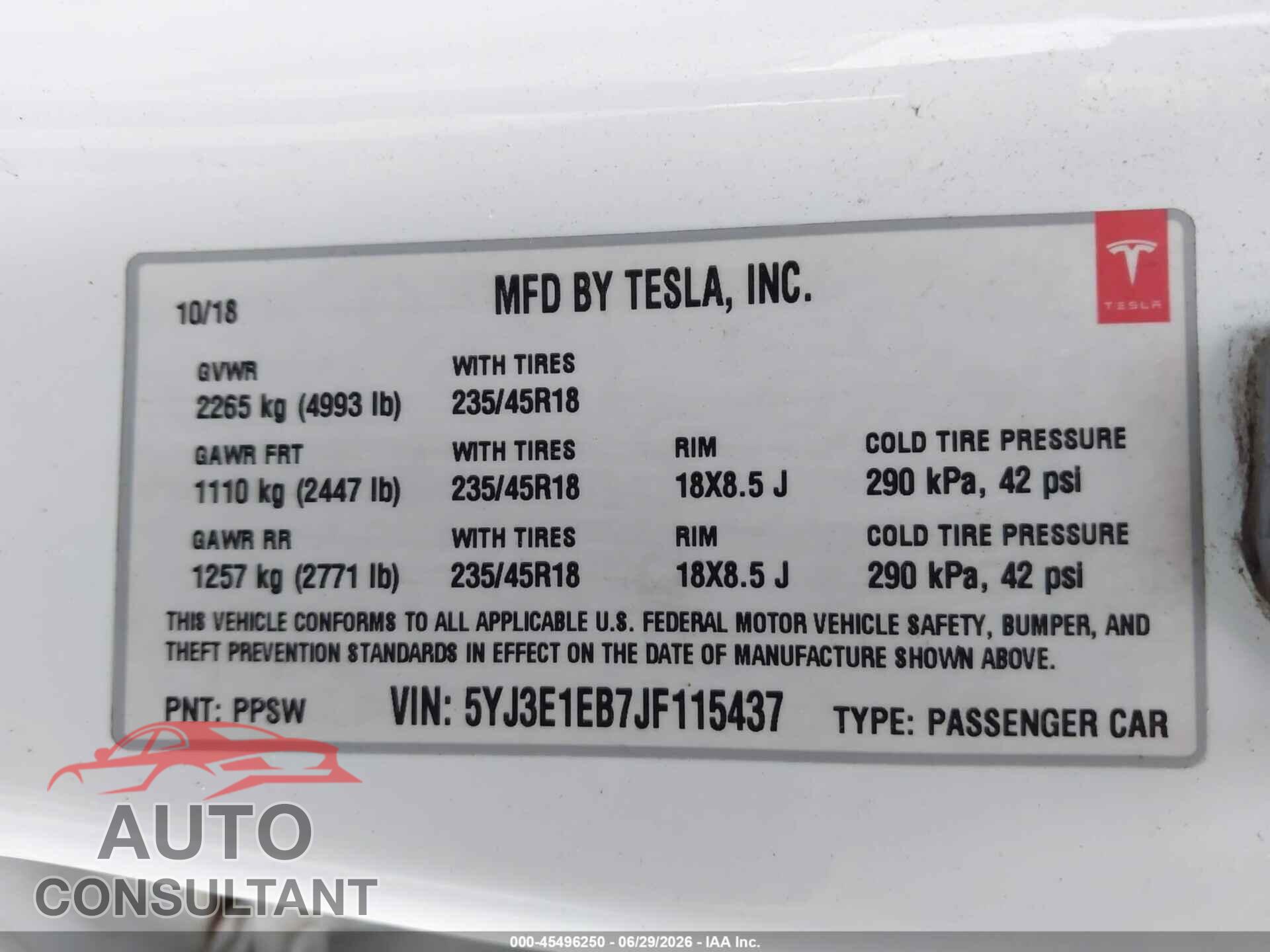TESLA MODEL 3 2018 - 5YJ3E1EB7JF115437