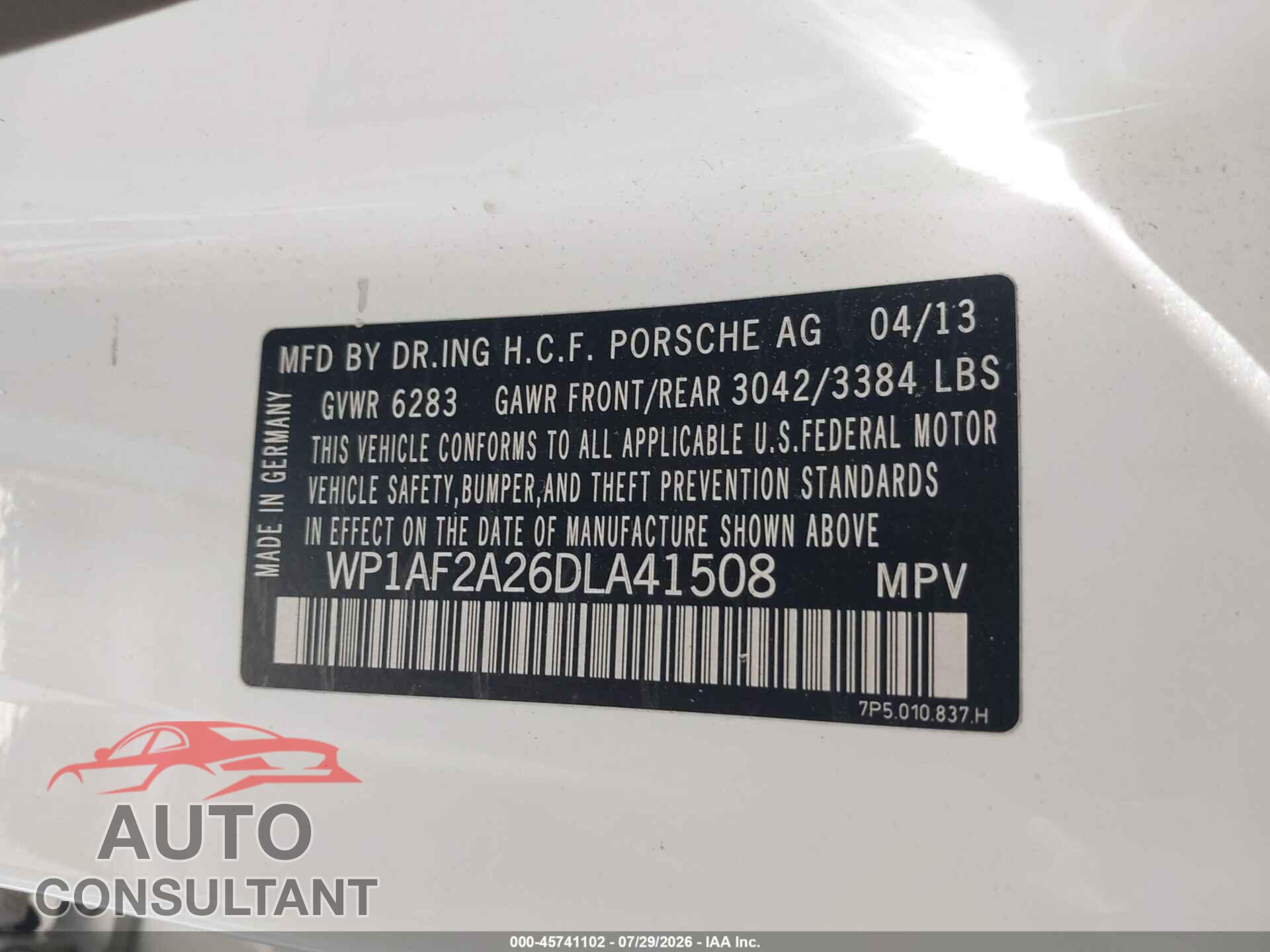 PORSCHE CAYENNE 2013 - WP1AF2A26DLA41508