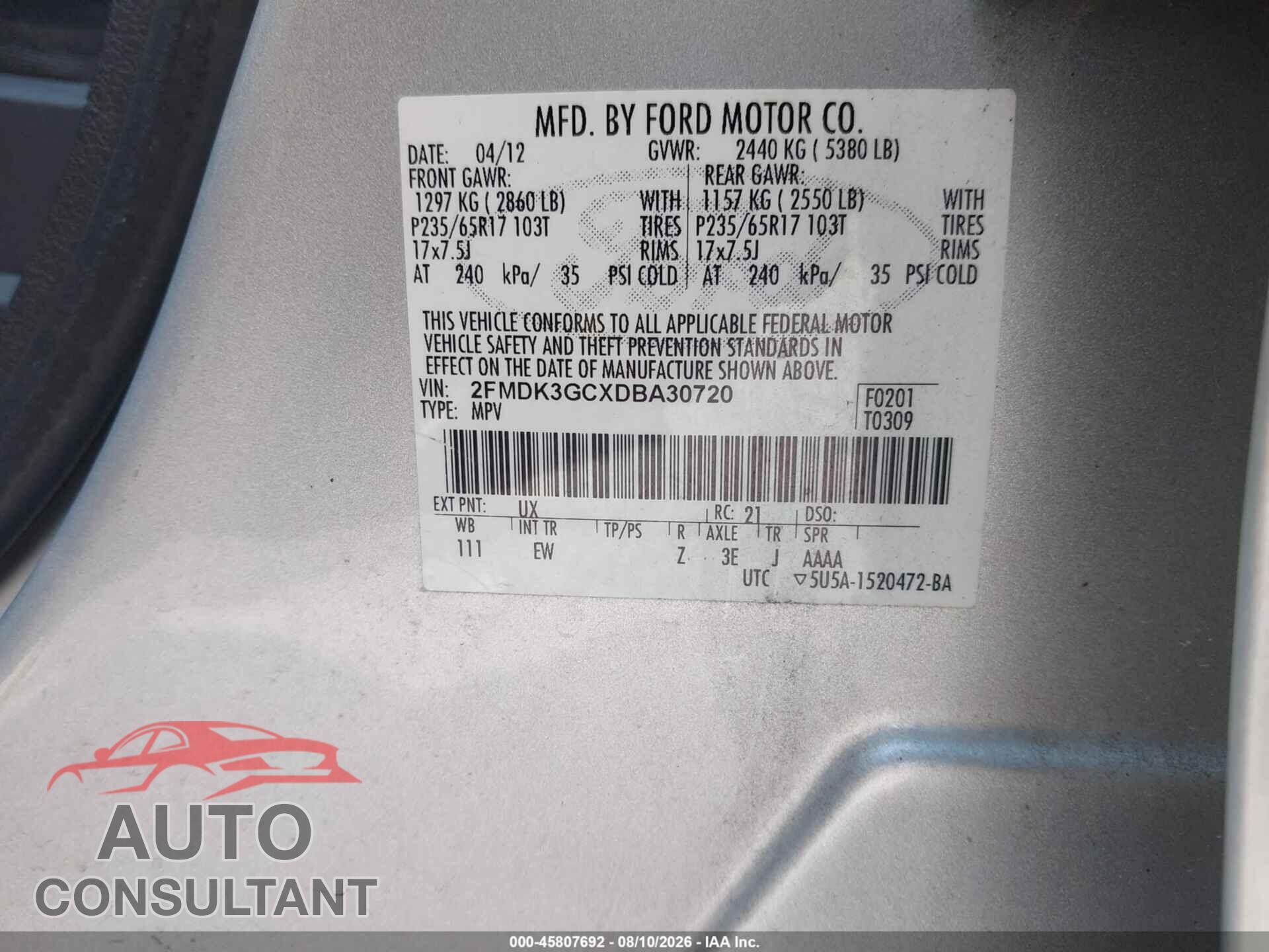 FORD EDGE 2013 - 2FMDK3GCXDBA30720