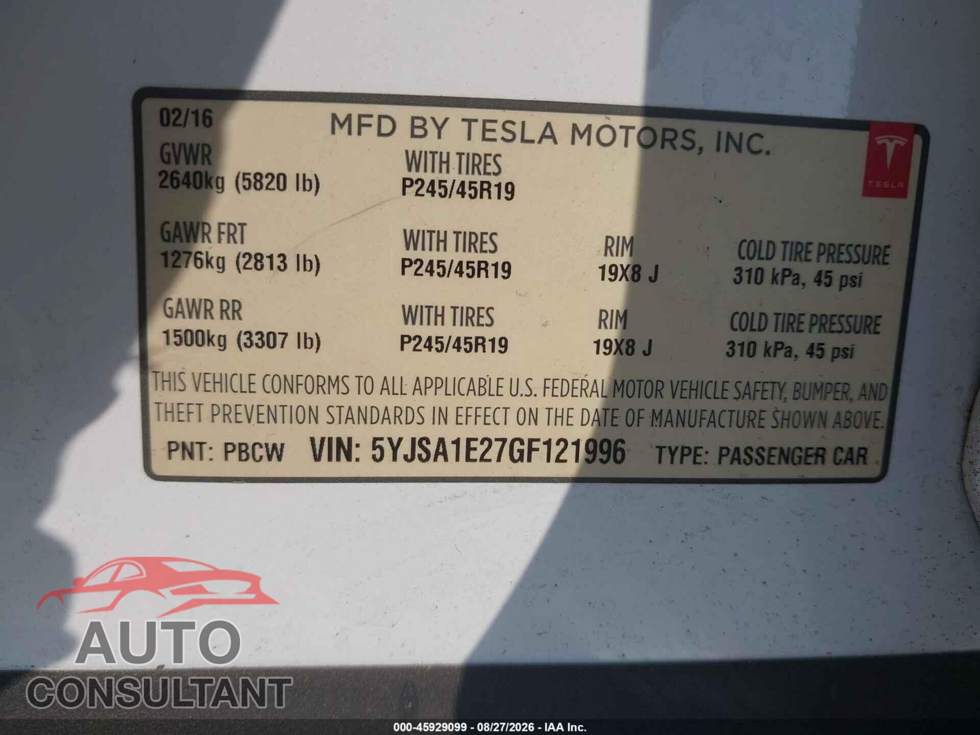 TESLA MODEL S 2016 - 5YJSA1E27GF121996