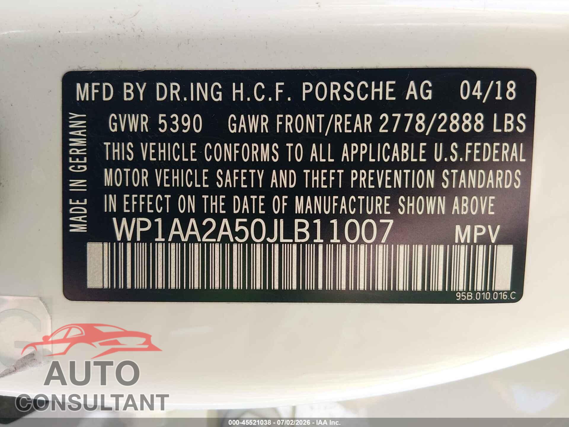 PORSCHE MACAN 2018 - WP1AA2A50JLB11007