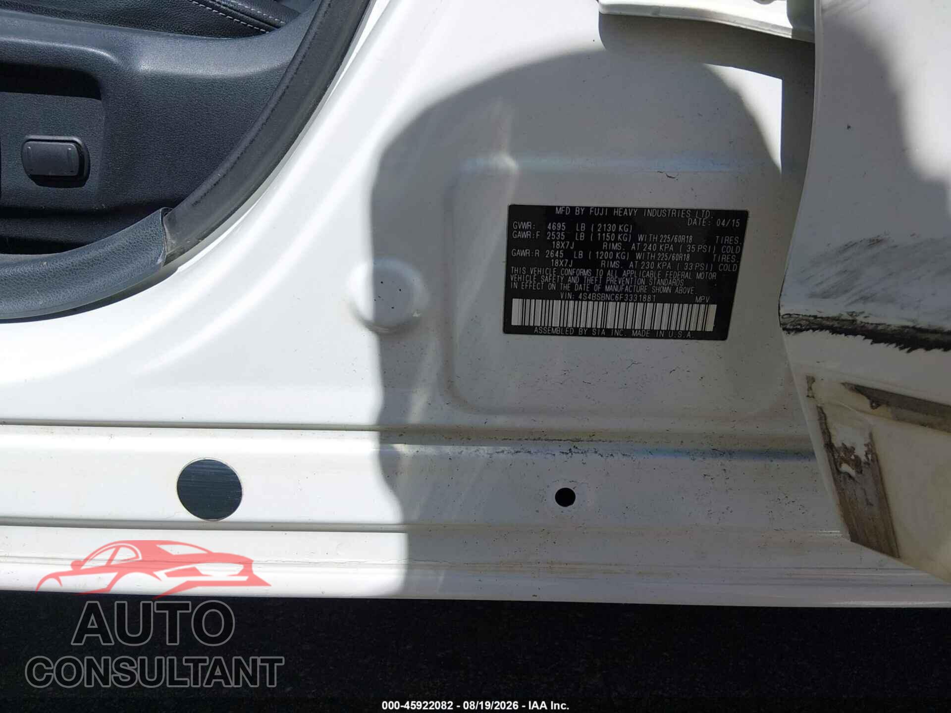 SUBARU OUTBACK 2015 - 4S4BSBNC6F3331881