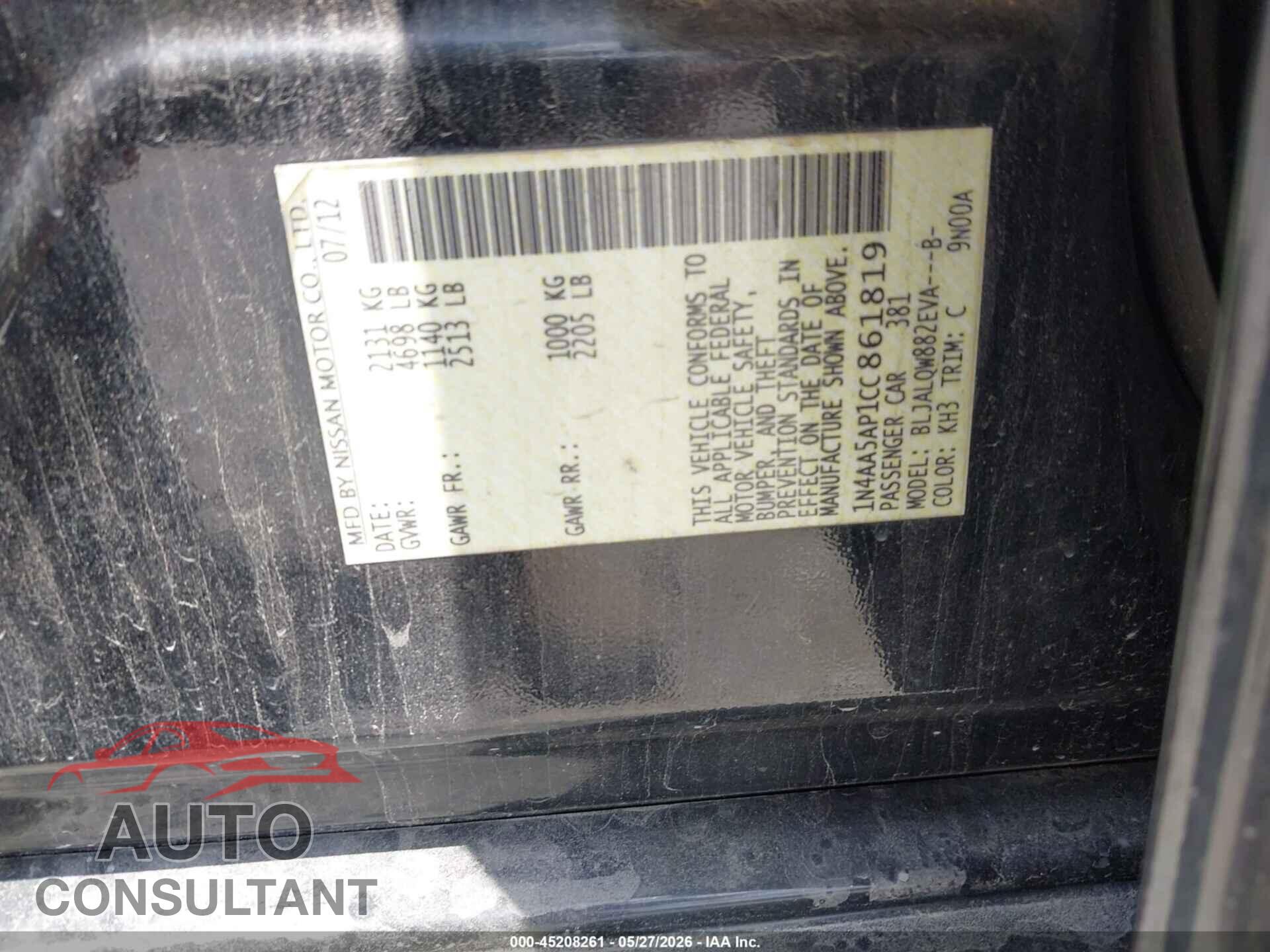 NISSAN MAXIMA 2012 - 1N4AA5AP1CC861819