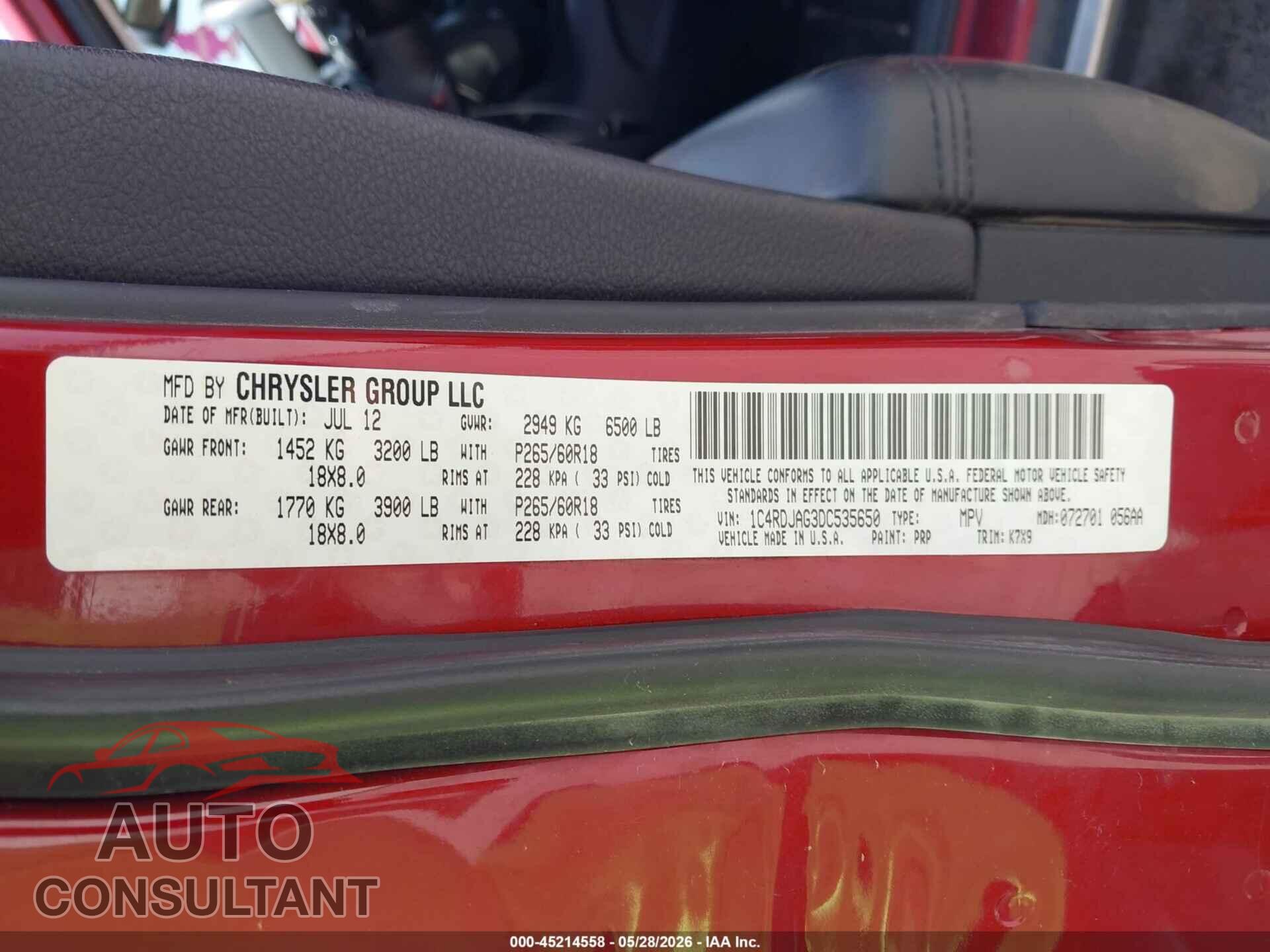 DODGE DURANGO 2013 - 1C4RDJAG3DC535650