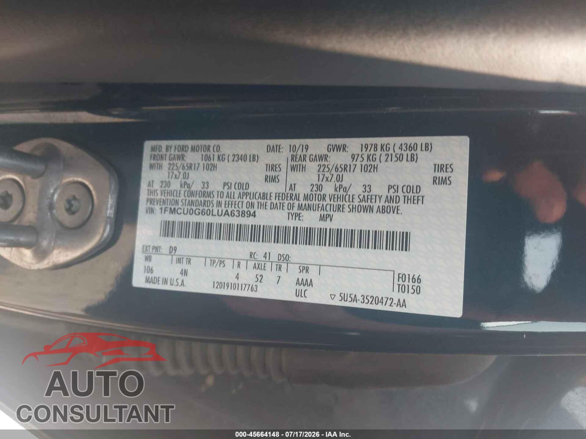 FORD ESCAPE 2020 - 1FMCU0G60LUA63894