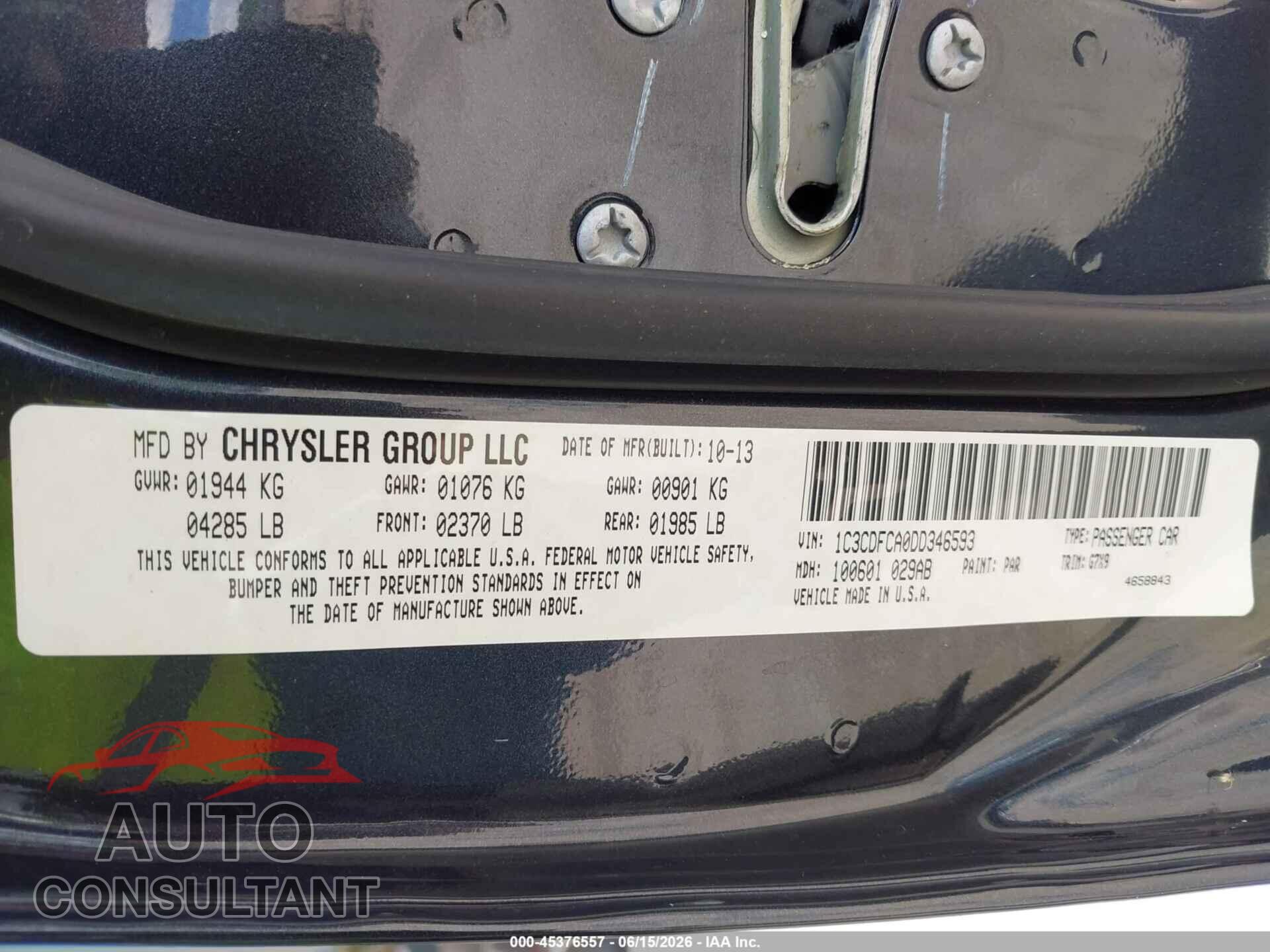 DODGE DART 2013 - 1C3CDFCA0DD346593