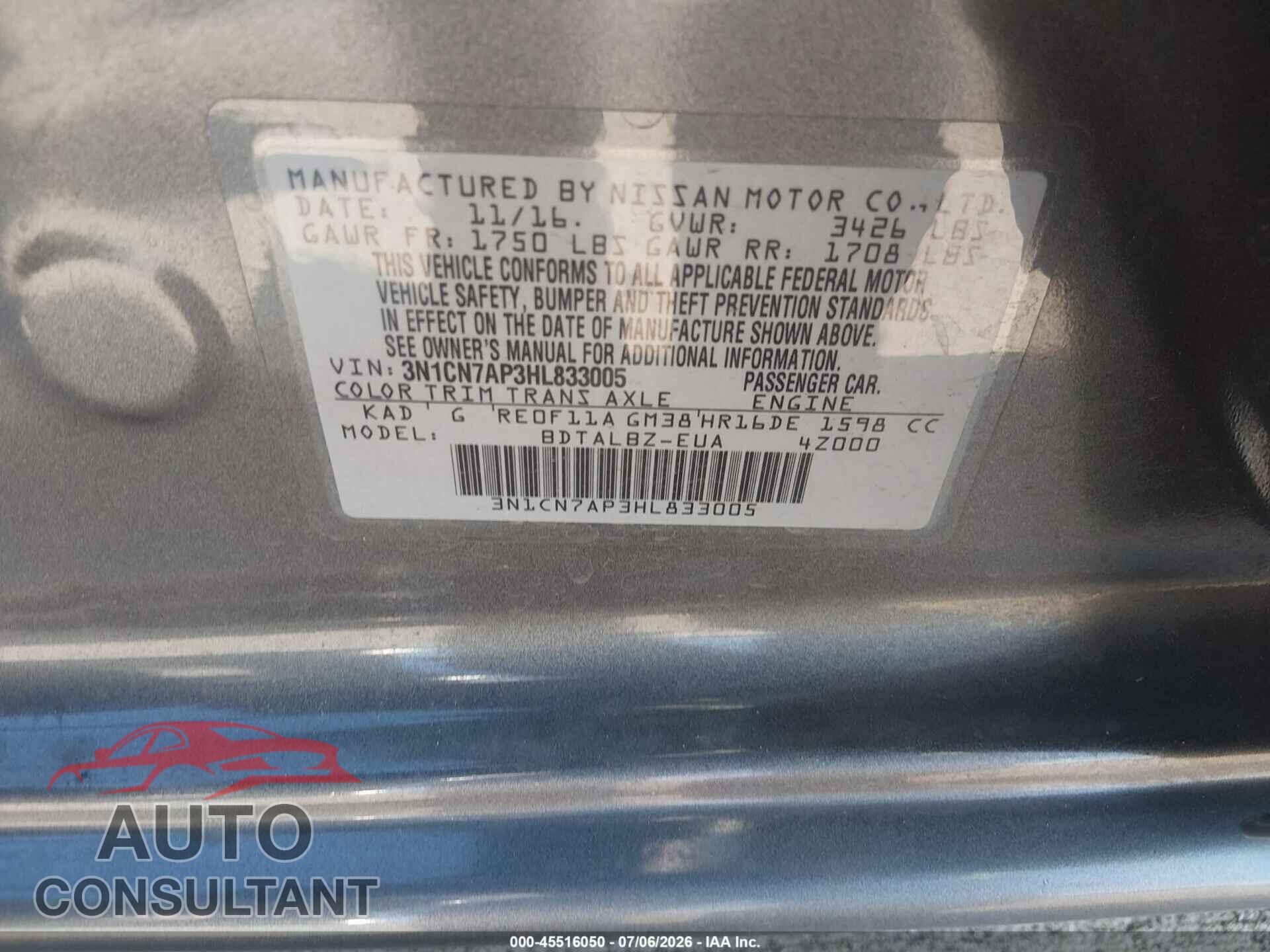 NISSAN VERSA 2017 - 3N1CN7AP3HL833005