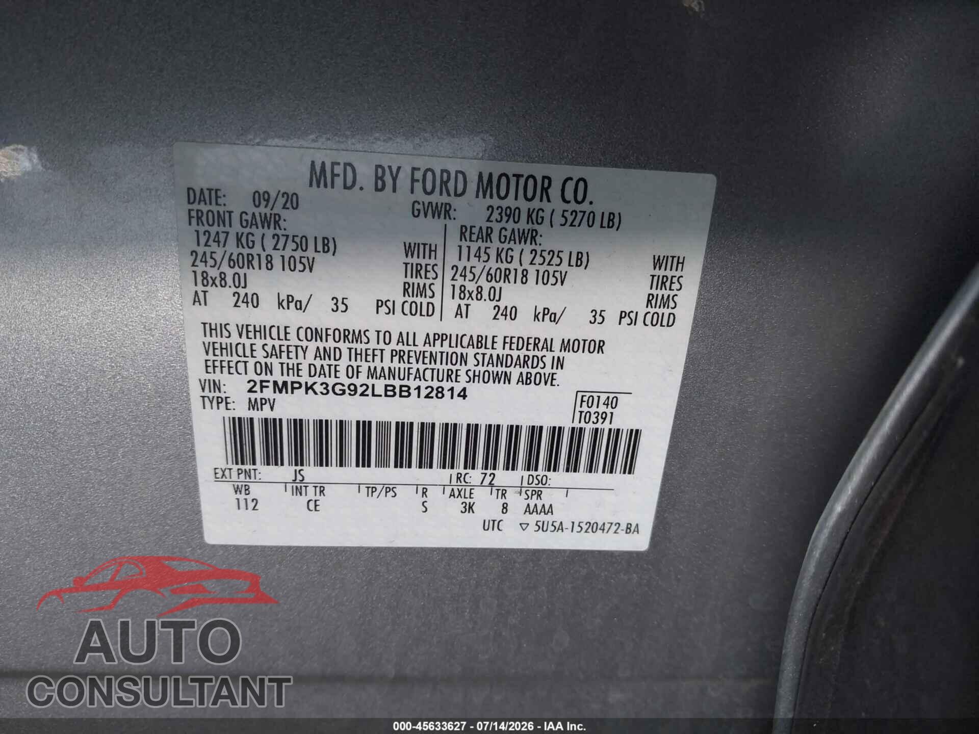 FORD EDGE 2020 - 2FMPK3G92LBB12814