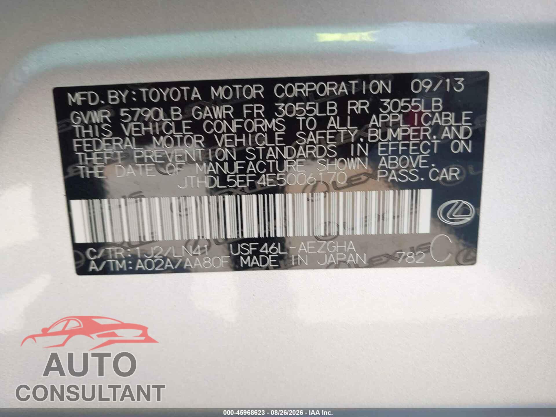 LEXUS LS 460 2014 - JTHDL5EF4E5006170