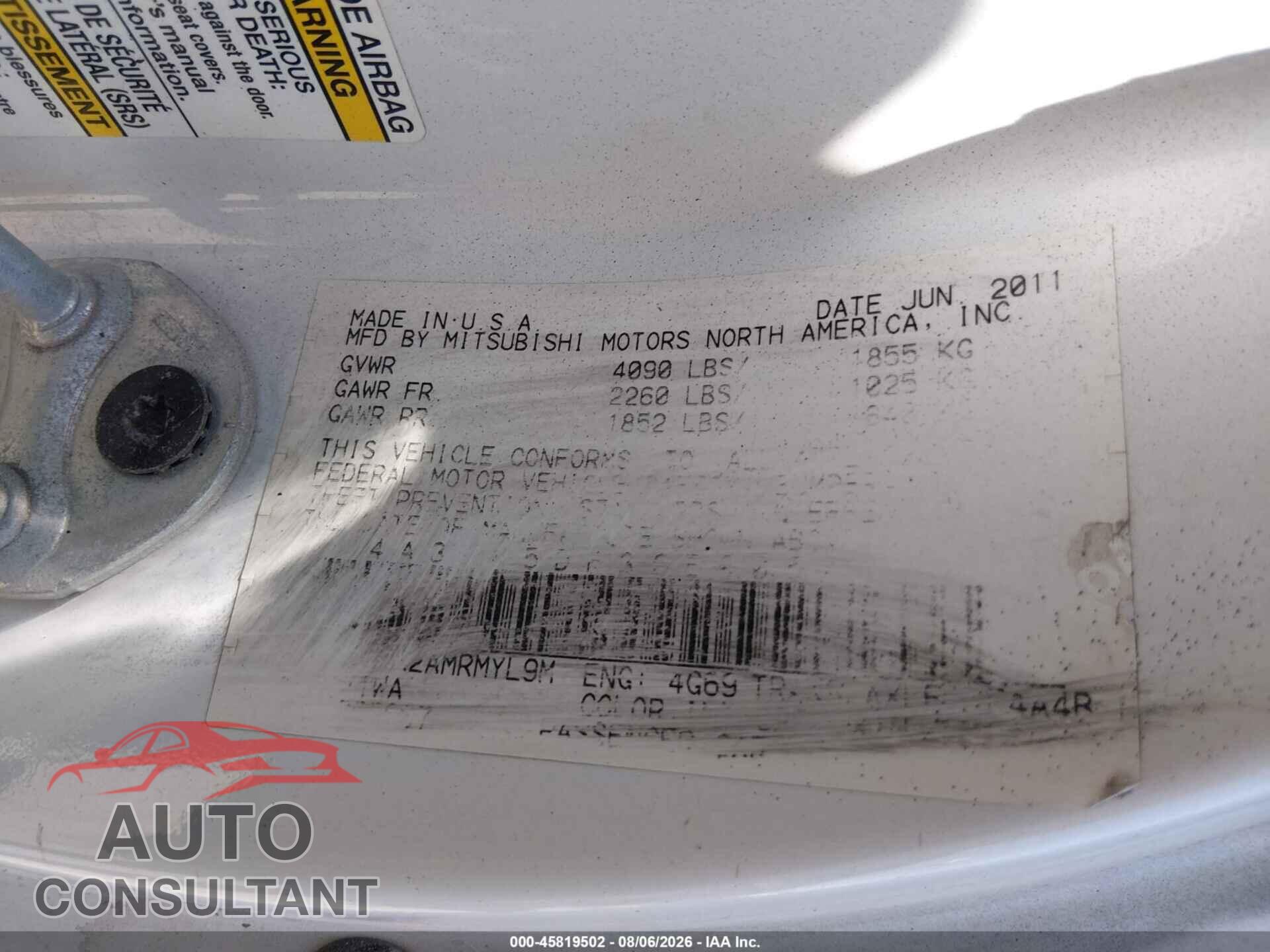 MITSUBISHI ECLIPSE 2012 - 4A31K5DF3CE005417