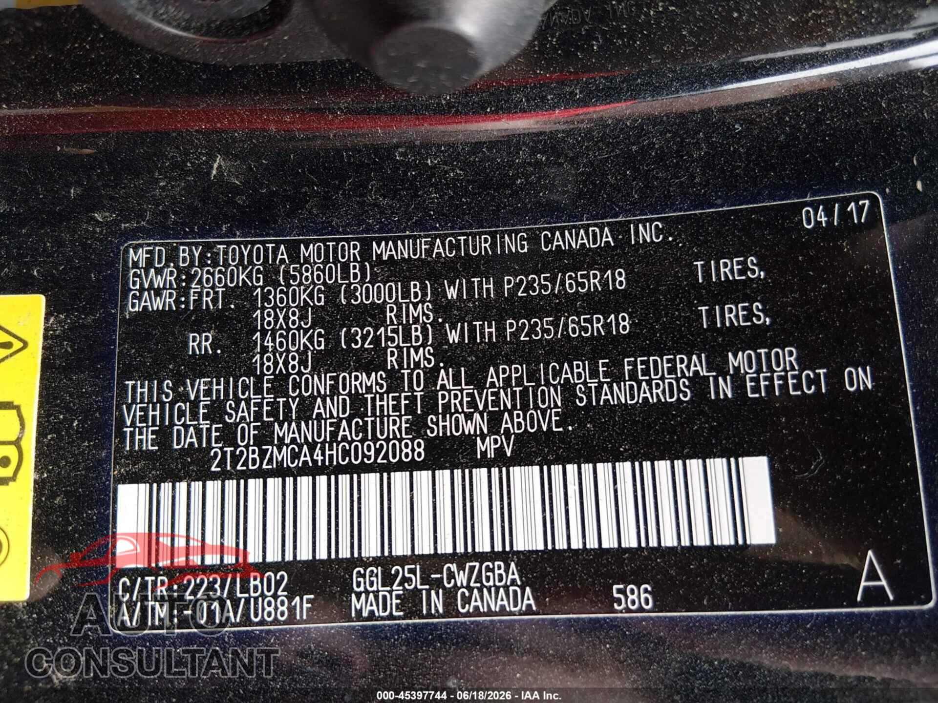LEXUS RX 350 2017 - 2T2BZMCA4HC092088