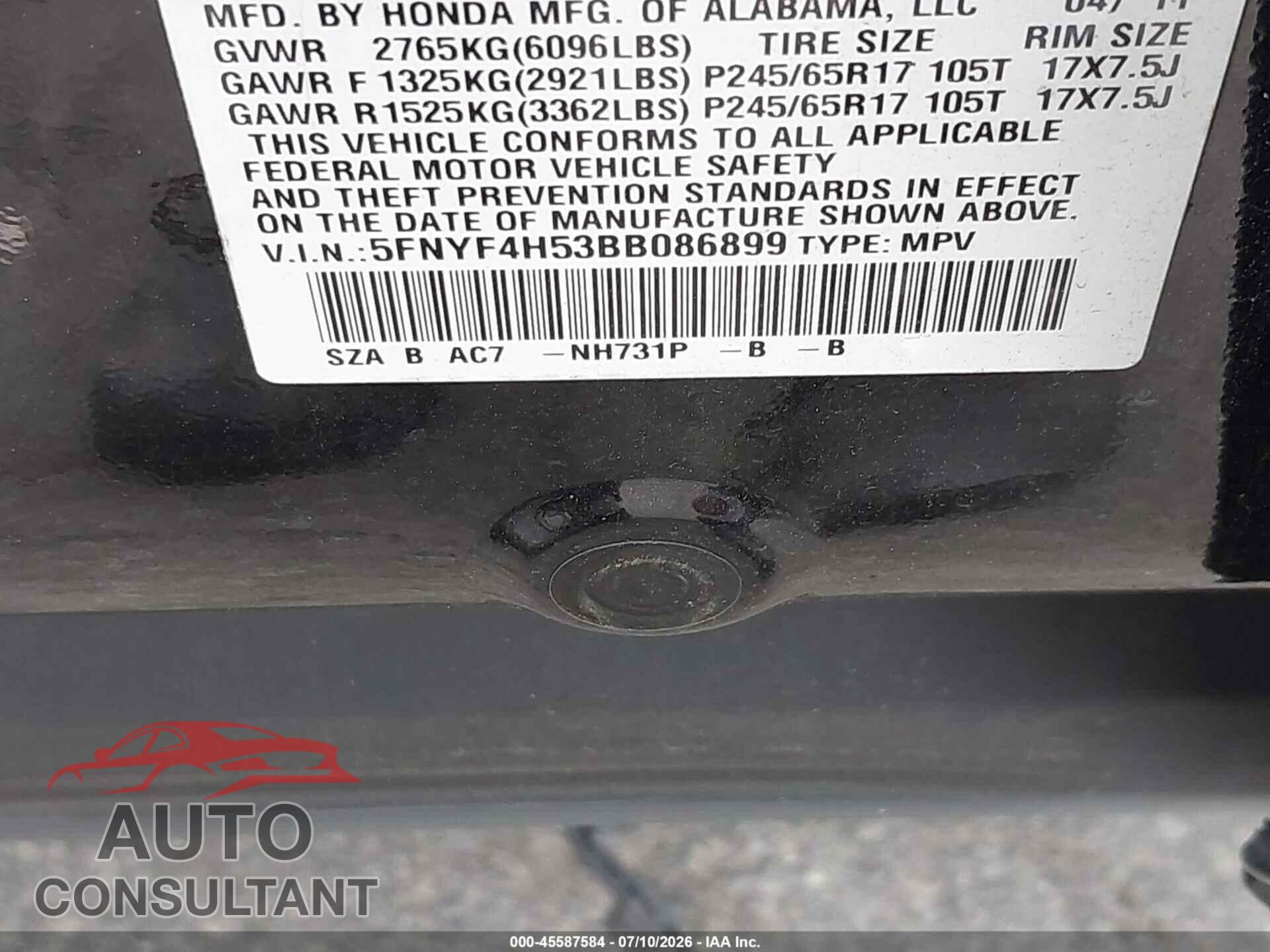 HONDA PILOT 2011 - 5FNYF4H53BB086899