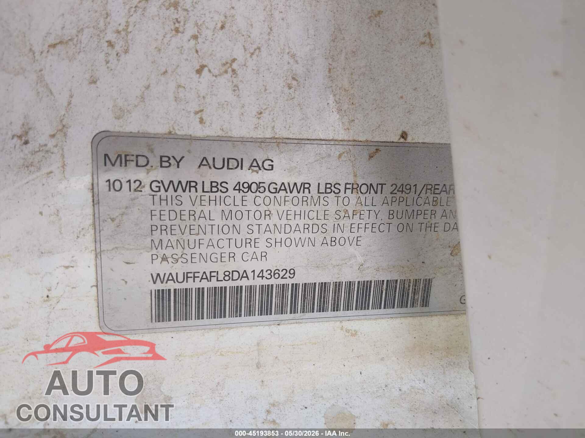 AUDI A4 2013 - WAUFFAFL8DA143629