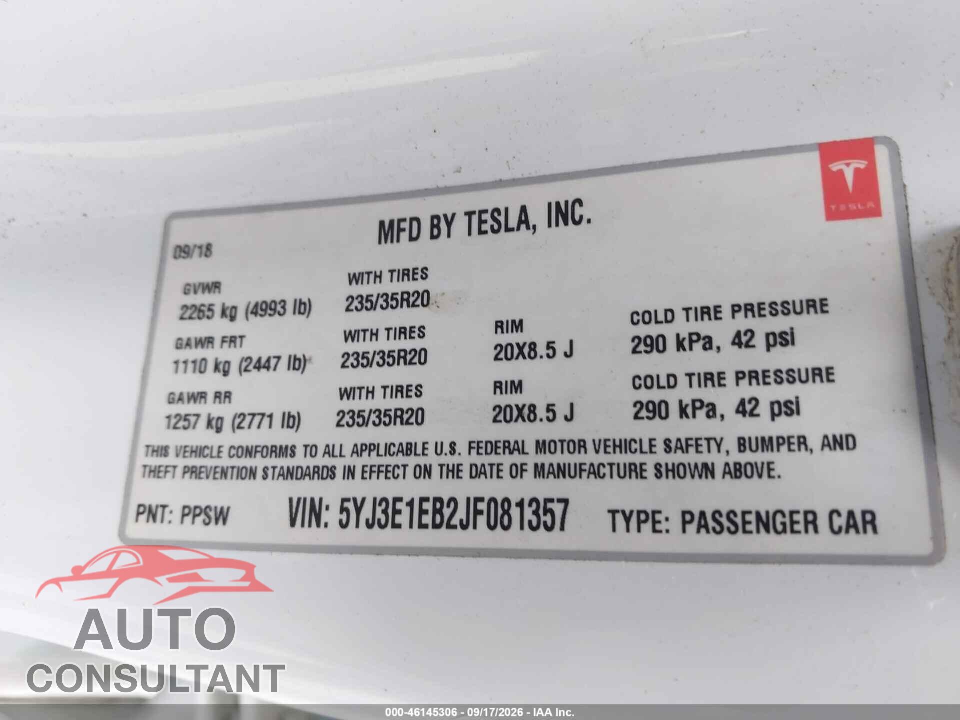 TESLA MODEL 3 2018 - 5YJ3E1EB2JF081357