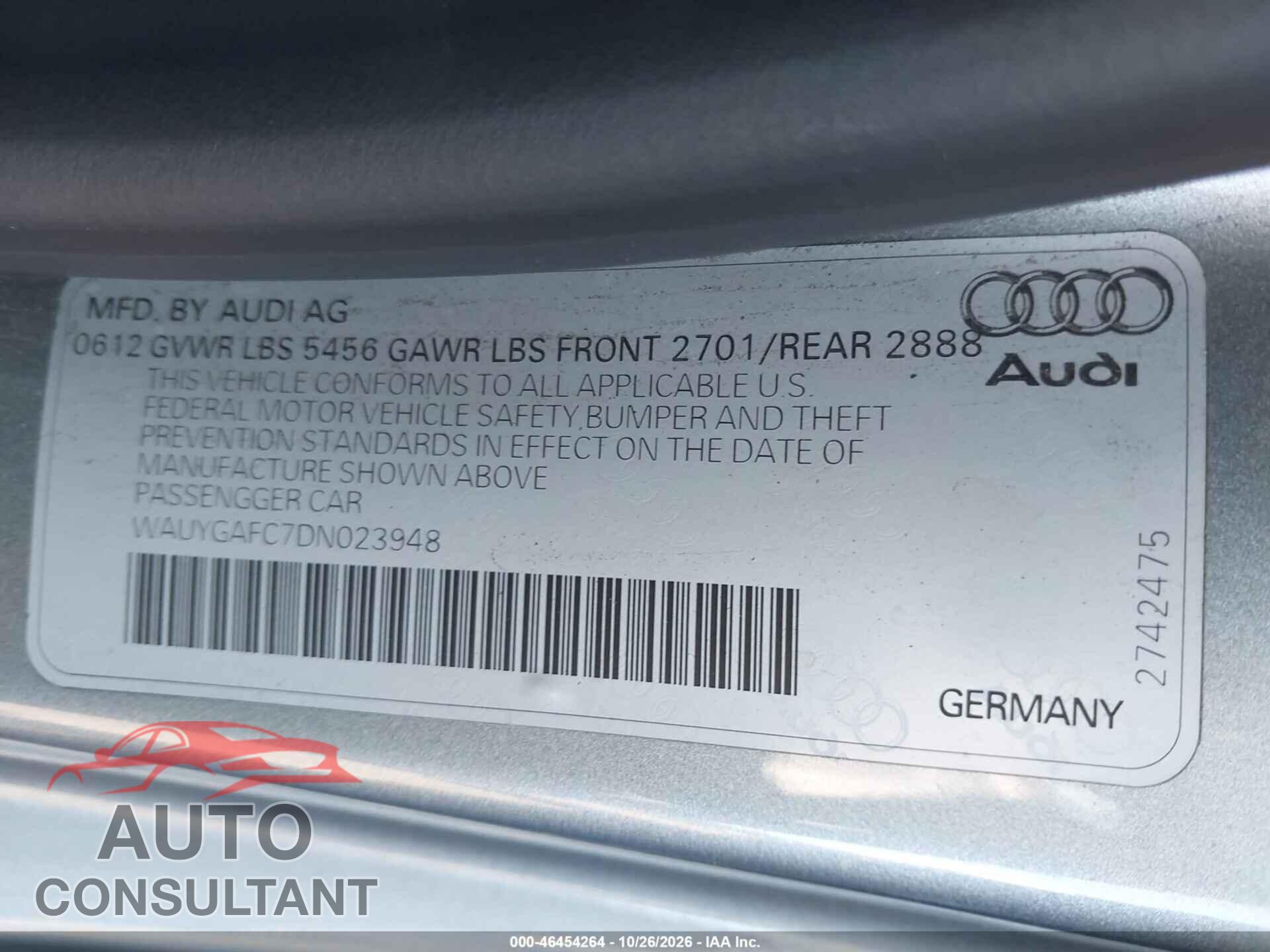 AUDI A7 2013 - WAUYGAFC7DN023948