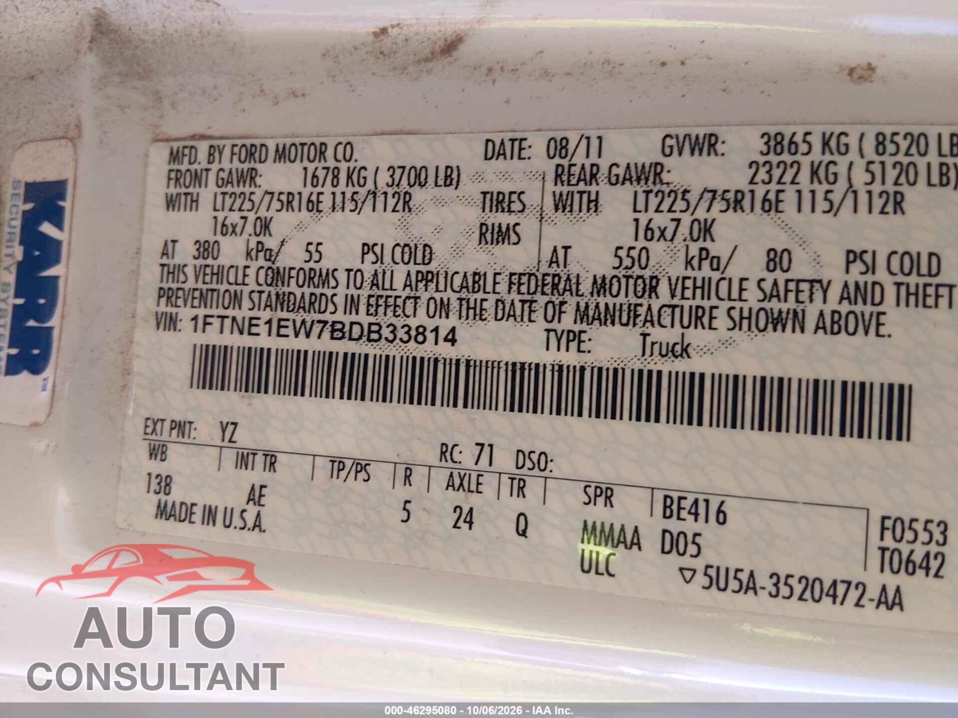 FORD E-150 2011 - 1FTNE1EW7BDB33814