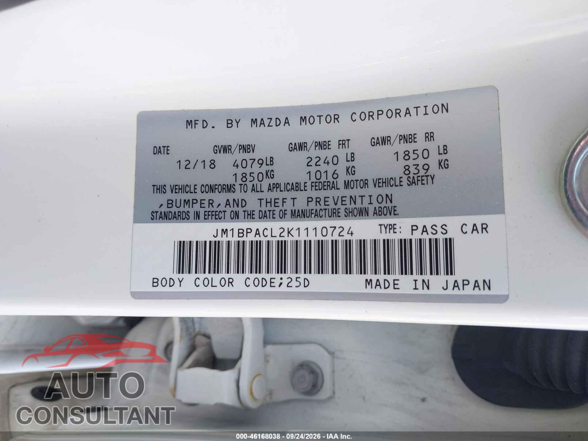 MAZDA MAZDA3 2019 - JM1BPACL2K1110724