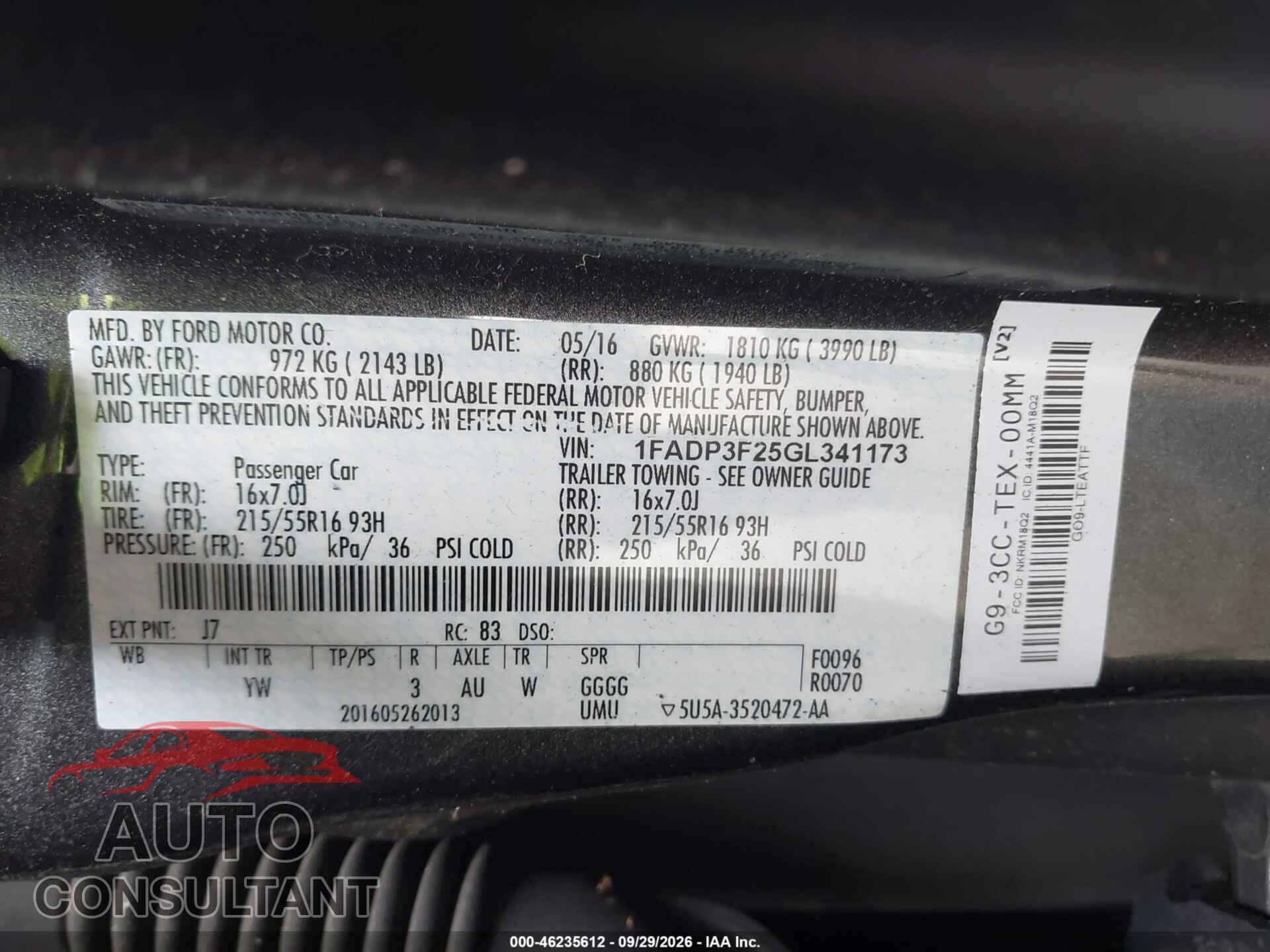 FORD FOCUS 2016 - 1FADP3F25GL341173