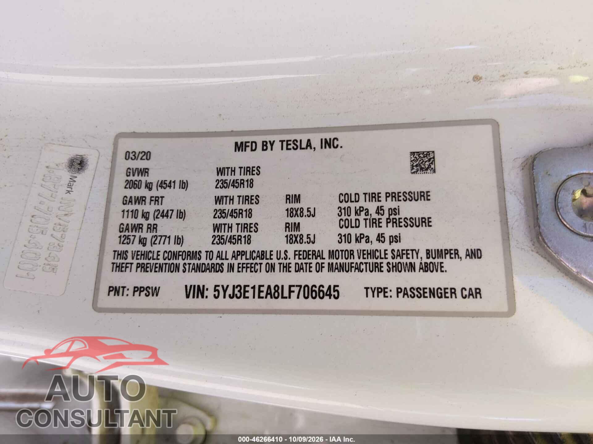 TESLA MODEL 3 2020 - 5YJ3E1EA8LF706645