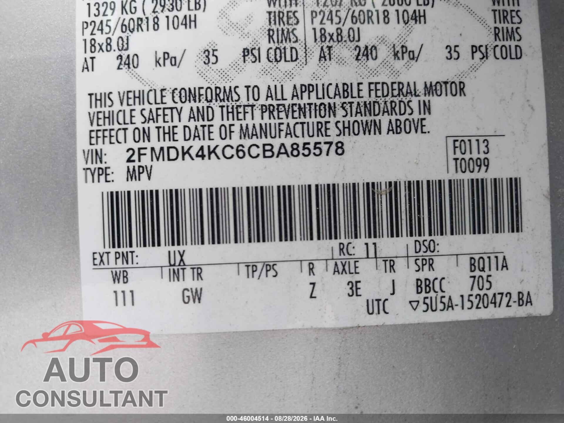 FORD EDGE 2012 - 2FMDK4KC6CBA85578
