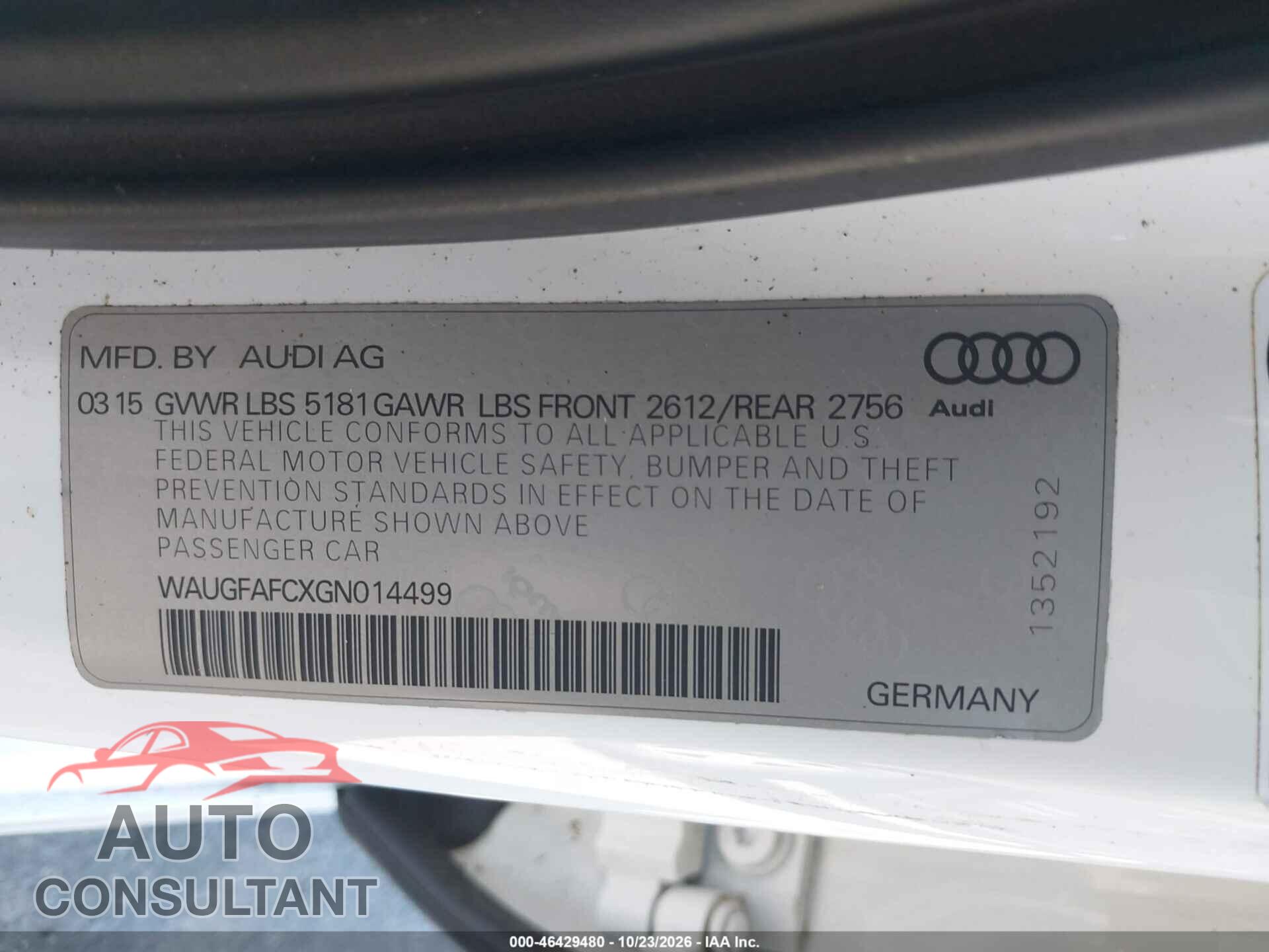 AUDI A6 2016 - WAUGFAFCXGN014499