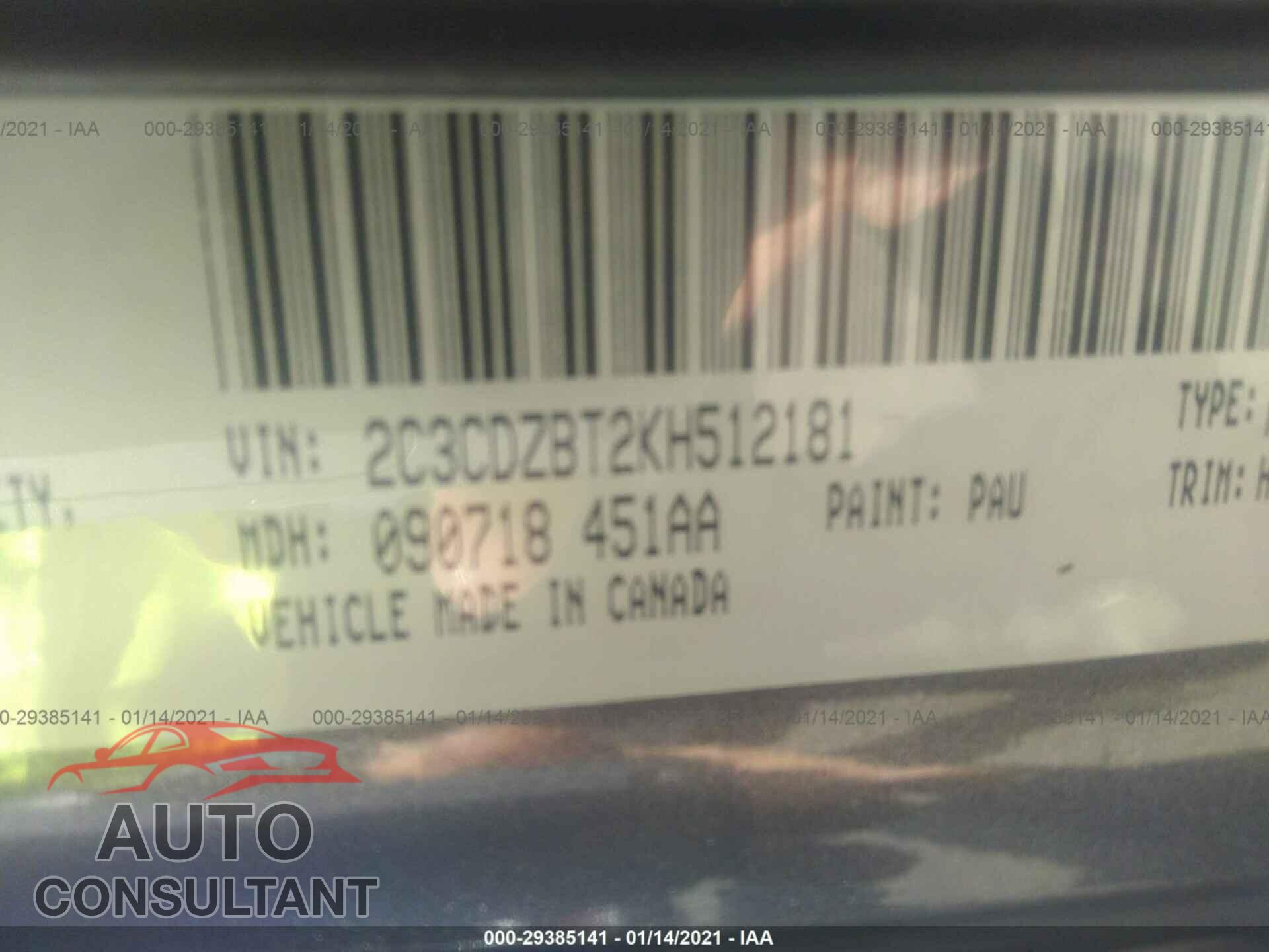 DODGE CHALLENGER 2019 - 2C3CDZBT2KH512181