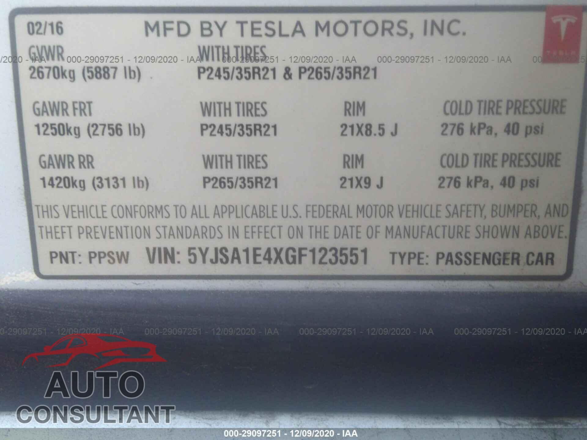 TESLA MODEL S 2016 - 5YJSA1E4XGF123551