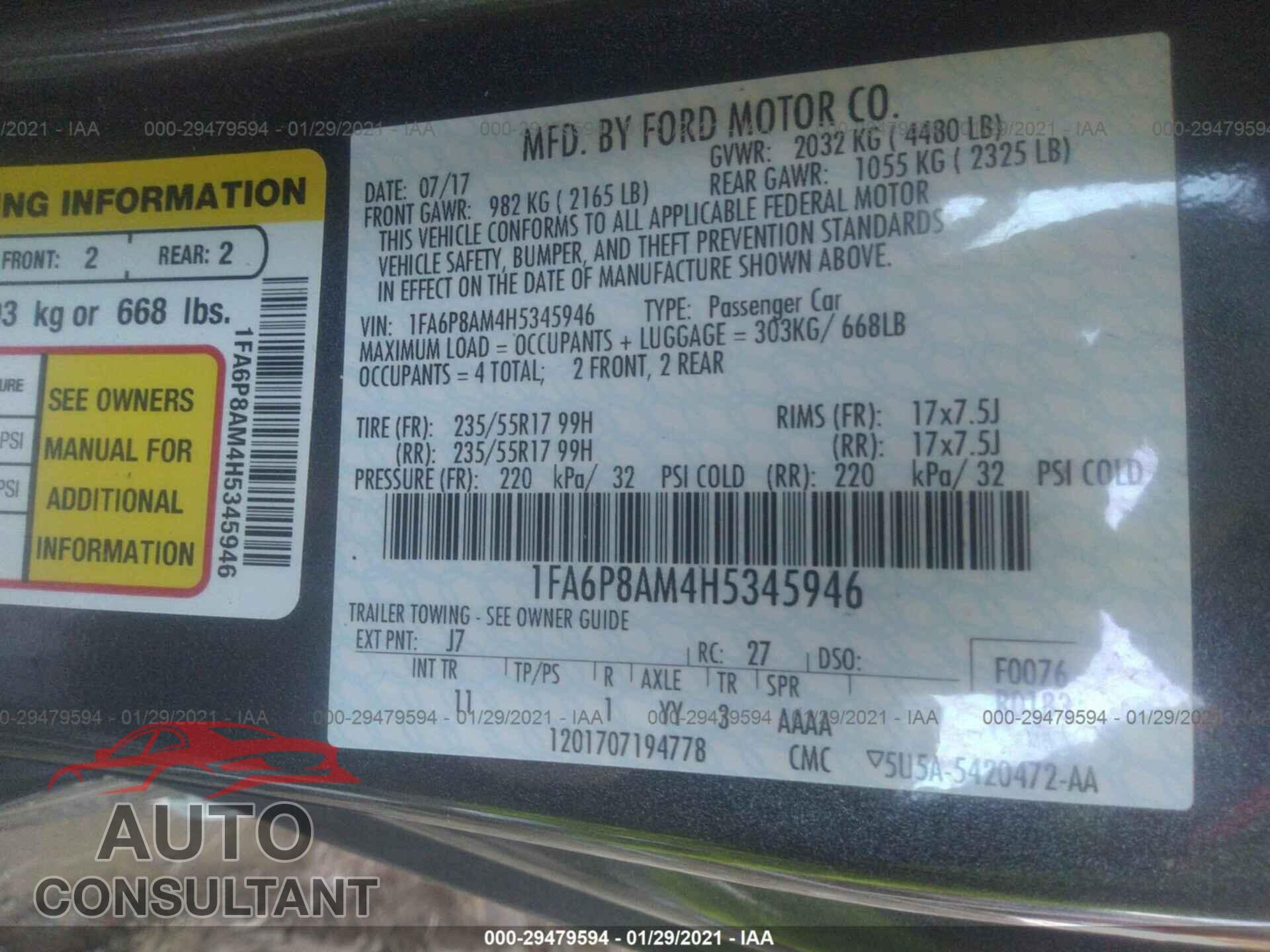 FORD MUSTANG 2017 - 1FA6P8AM4H5345946