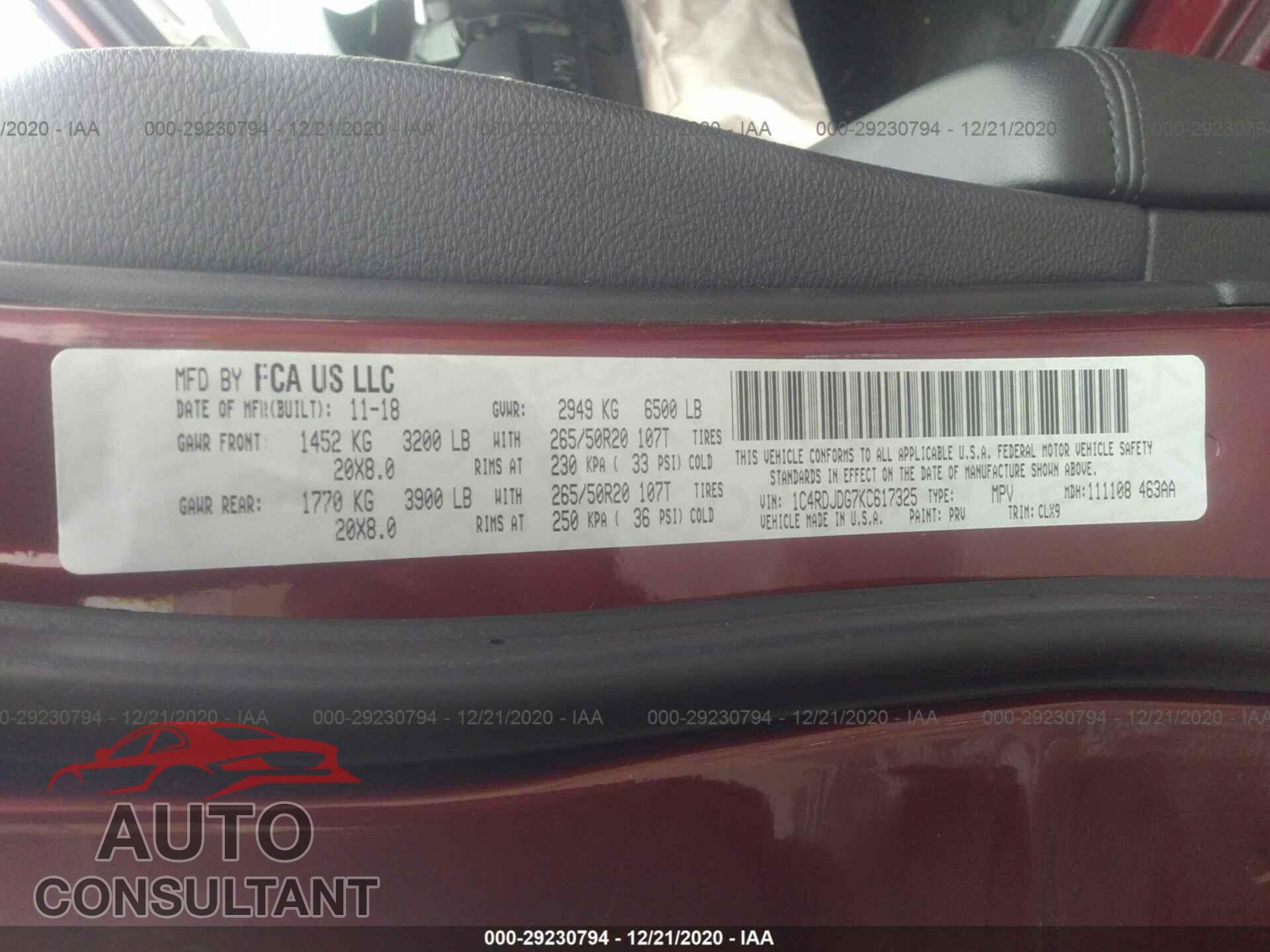 DODGE DURANGO 2019 - 1C4RDJDG7KC617325