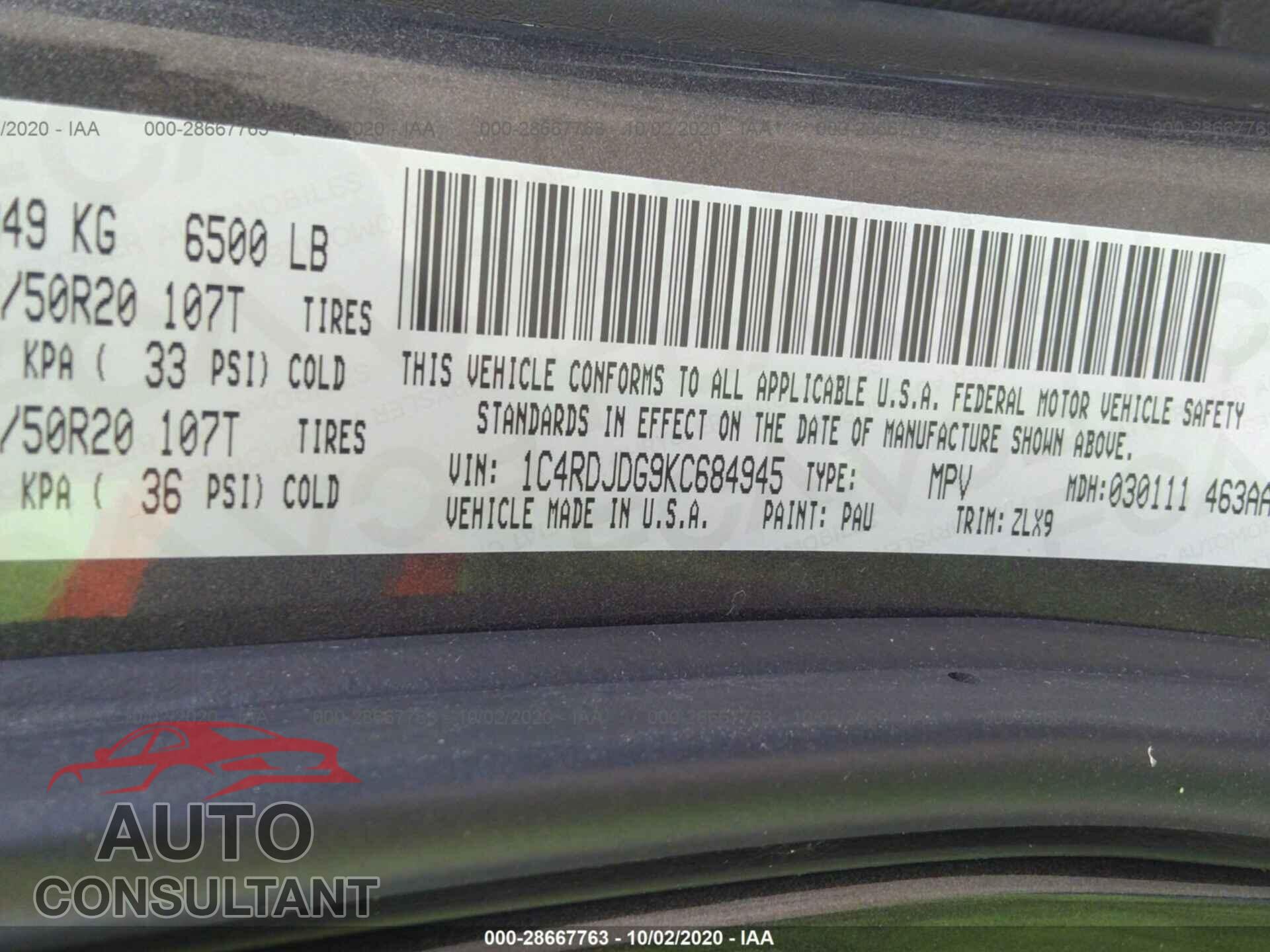 DODGE DURANGO 2019 - 1C4RDJDG9KC684945