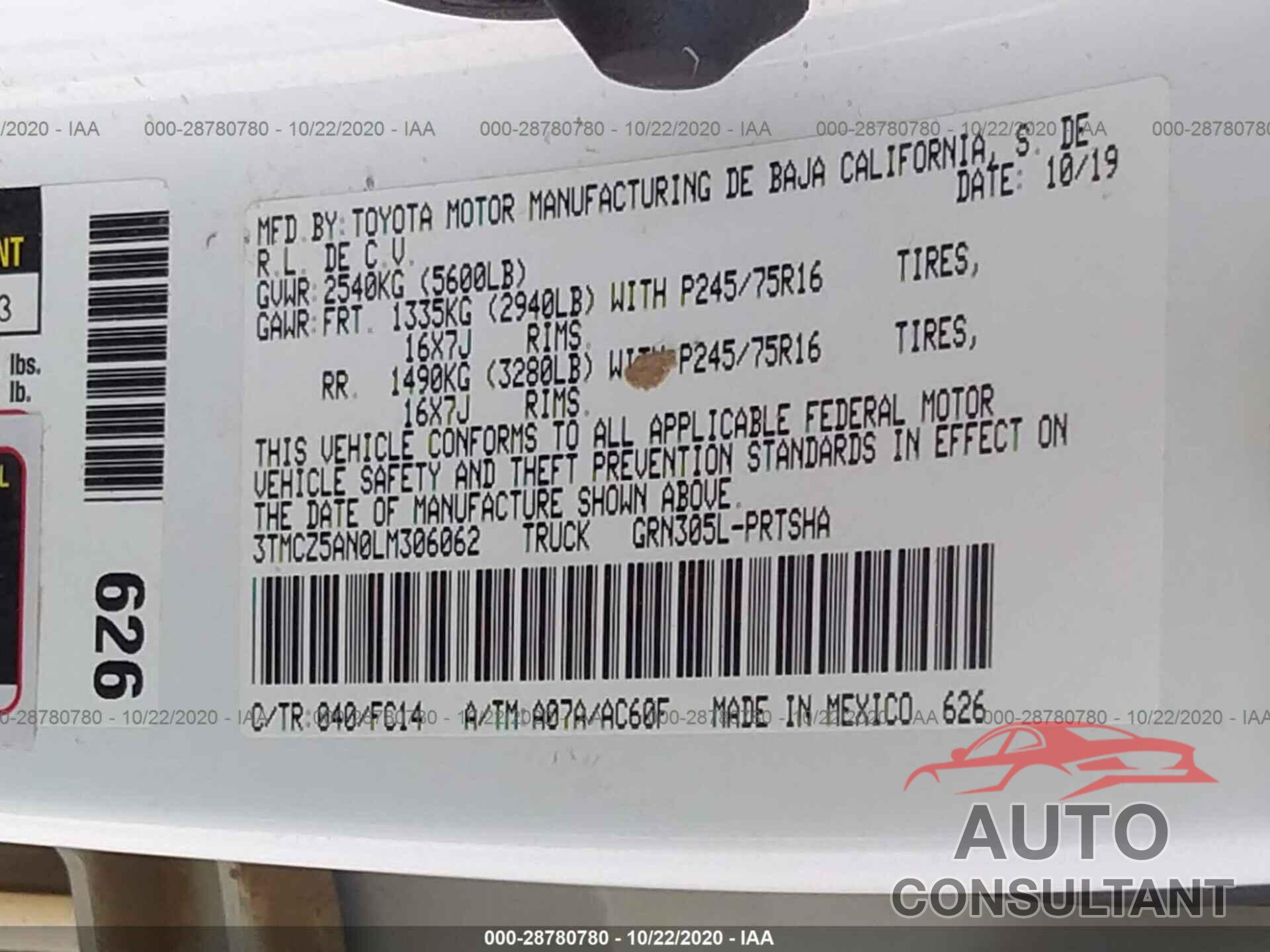 TOYOTA TACOMA 4WD 2020 - 3TMCZ5AN0LM306062