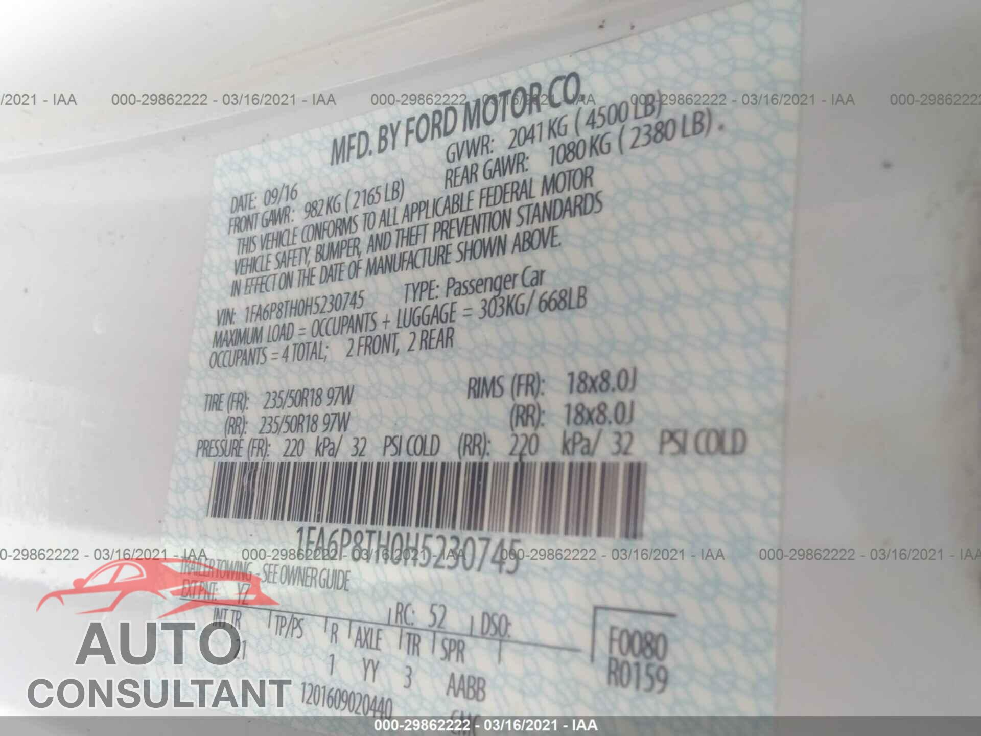 FORD MUSTANG 2017 - 1FA6P8TH0H5230745